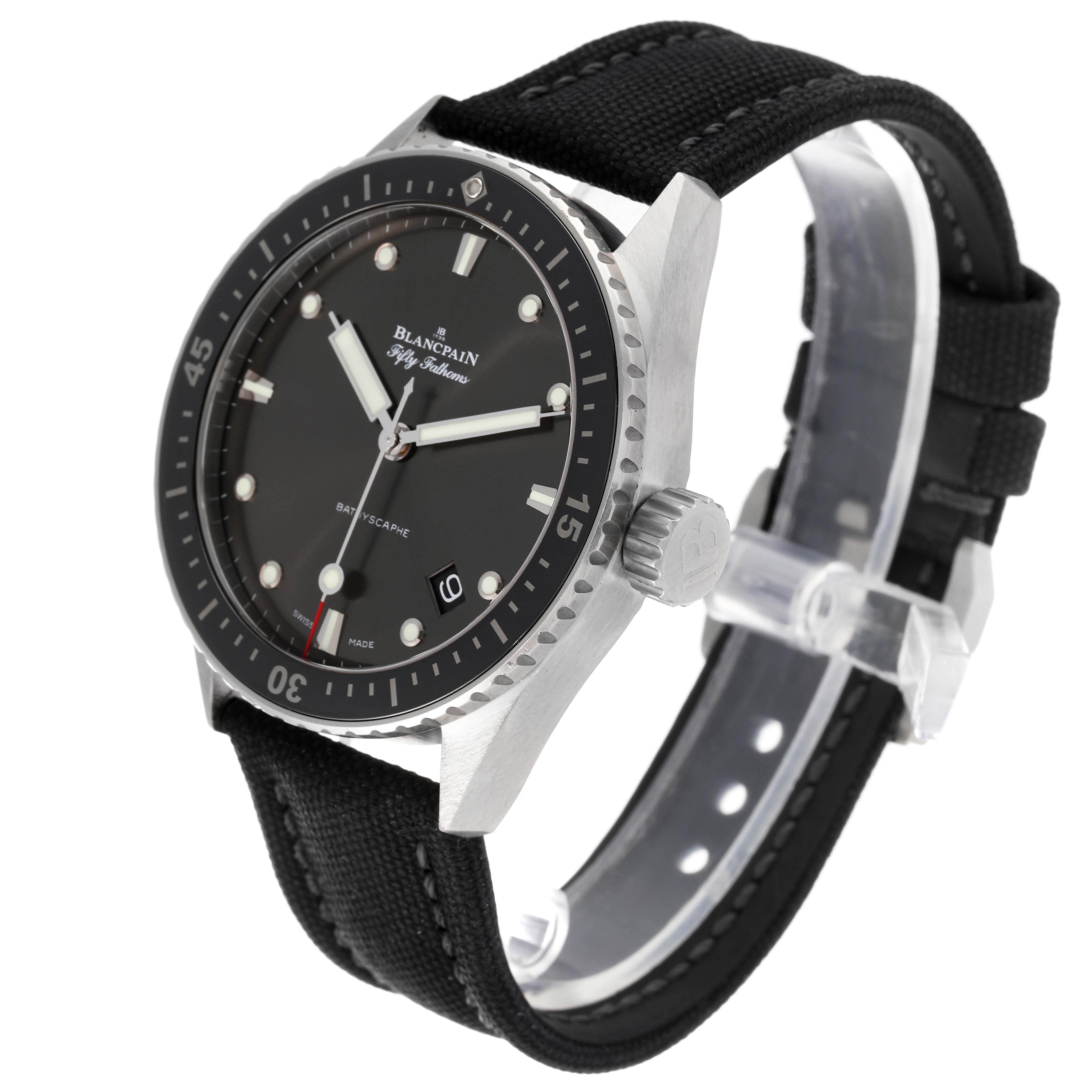 The image shows a side-angle view of a Blancpain Fifty Fathoms 5000-1110-B52A Men's Stainless Steel Grey Dial 5000-1110-B52A Men's Stainless Steel Grey Dial watch, highlighting the bezel, dial, crown, and strap.