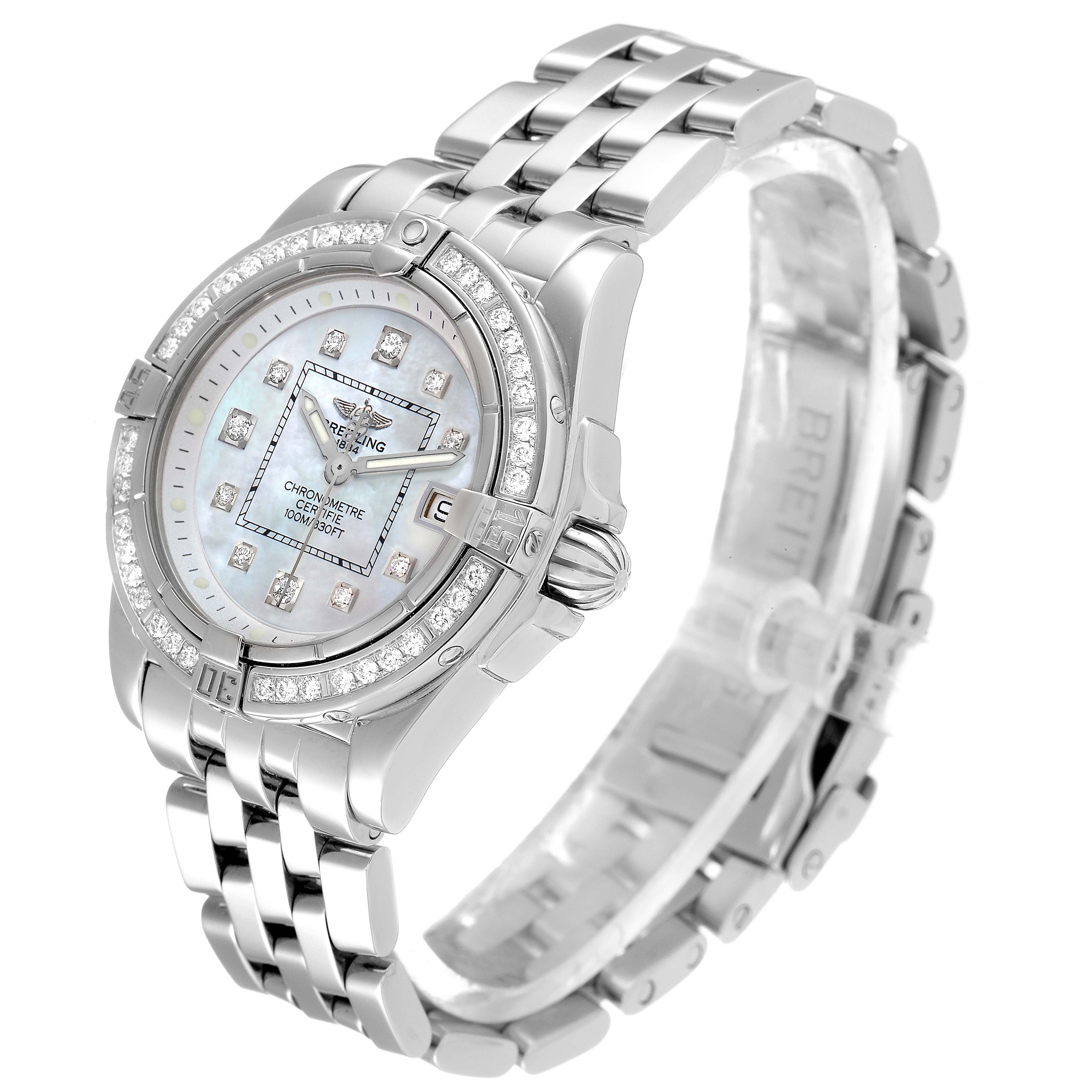 The Breitling A71356 Women's Stainless Steel Mother of Pearl Dial A71356 Women's Stainless Steel Mother of Pearl Dial Cockpit Mother of Pearl Diamond Steel Ladies Watch A71356 is shown at an angle highlighting the face, bezel, and bracelet.