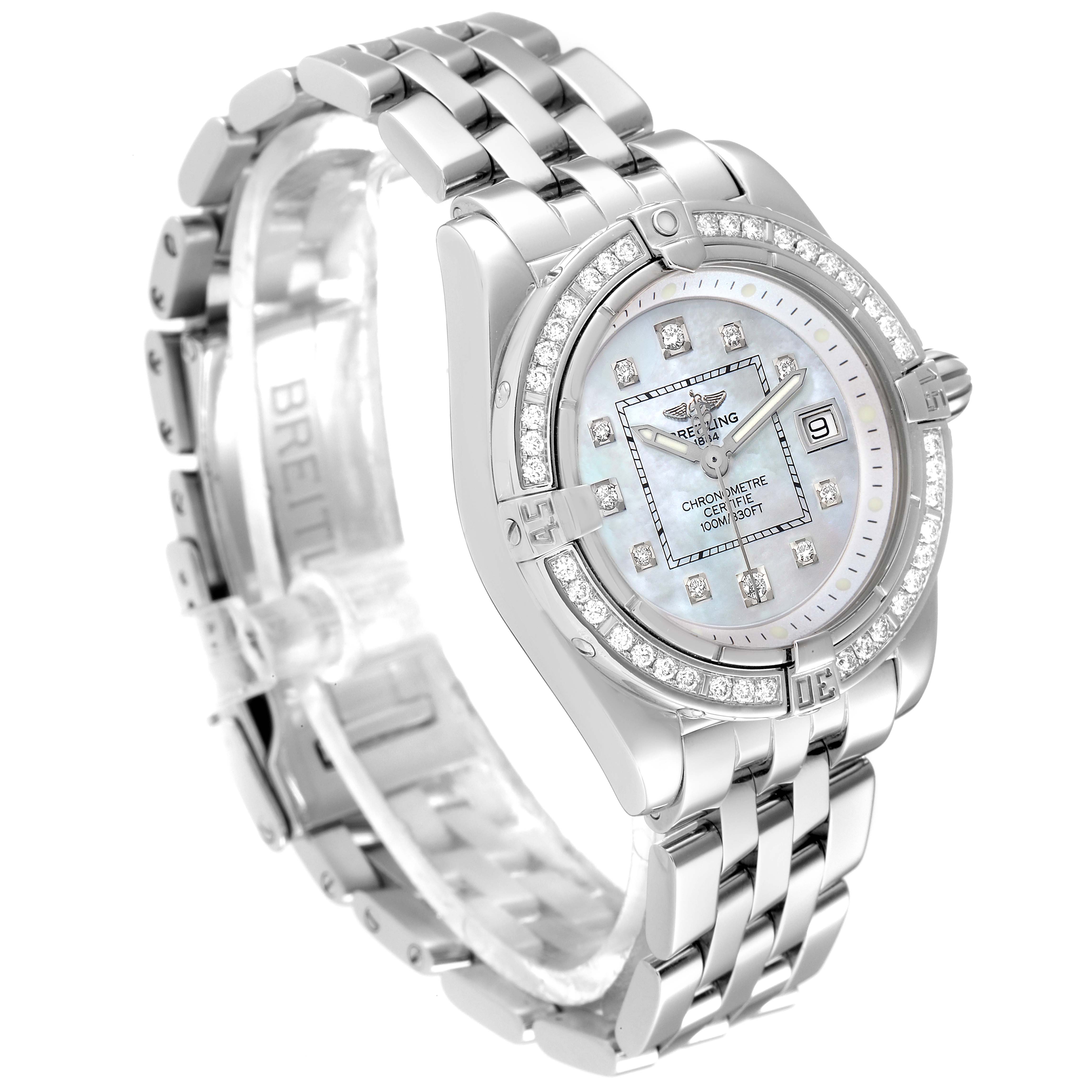 The Breitling A71356 Women's Stainless Steel Mother of Pearl Dial A71356 Women's Stainless Steel Mother of Pearl Dial Cockpit Mother of Pearl Diamond Steel Ladies Watch A71356 is shown at an angled view, displaying the dial, bezel, and bracelet.