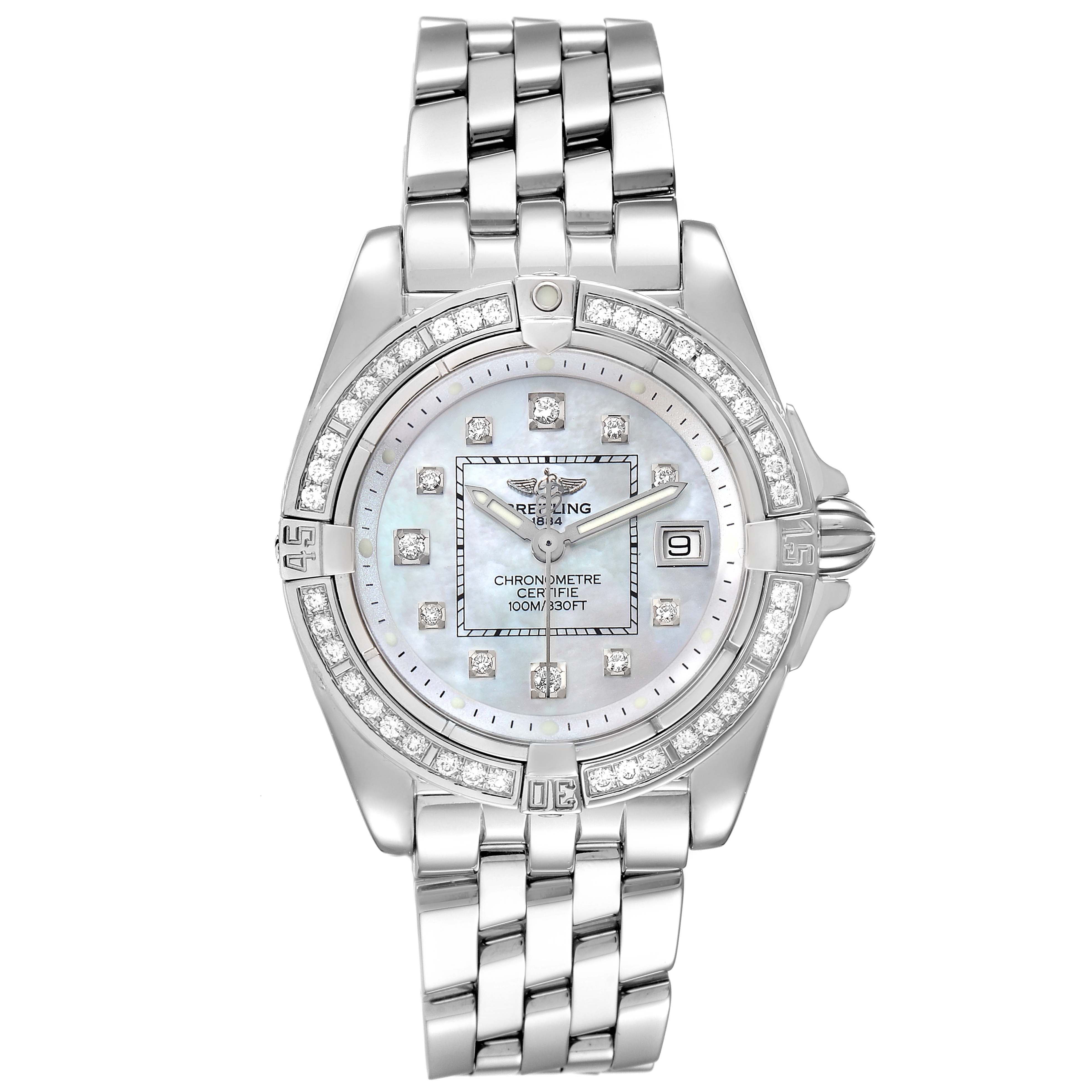 The image shows a front view of the Breitling A71356 Women's Stainless Steel Mother of Pearl Dial A71356 Women's Stainless Steel Mother of Pearl Dial Cockpit Mother of Pearl Diamond Steel Ladies Watch A71356, displaying its face, bezel, and bracelet.