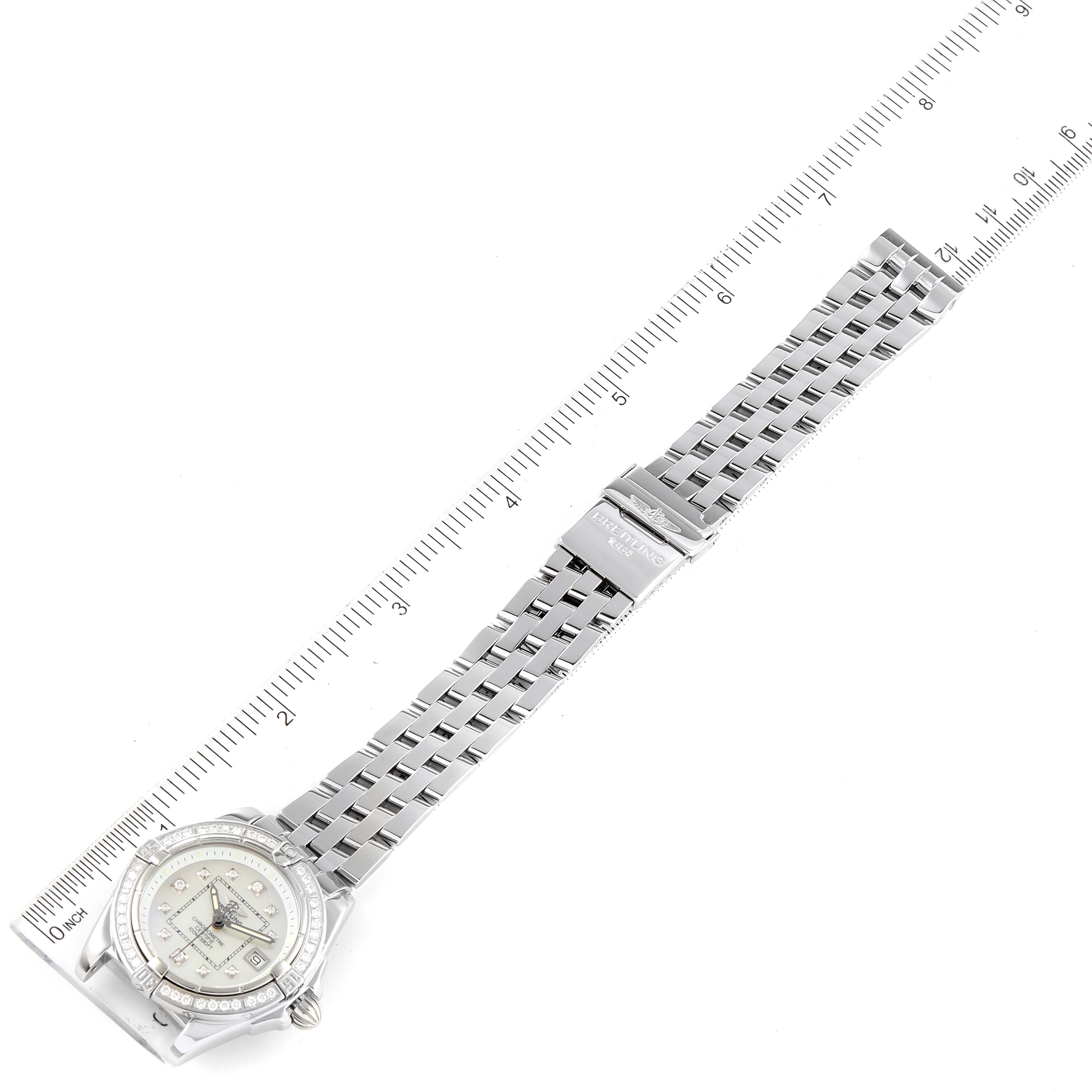 The image shows an overhead view of the Breitling A71356 Women's Stainless Steel Mother of Pearl Dial A71356 Women's Stainless Steel Mother of Pearl Dial Cockpit Mother of Pearl Diamond Steel Ladies Watch A71356, including the face, bezel, and bracelet.