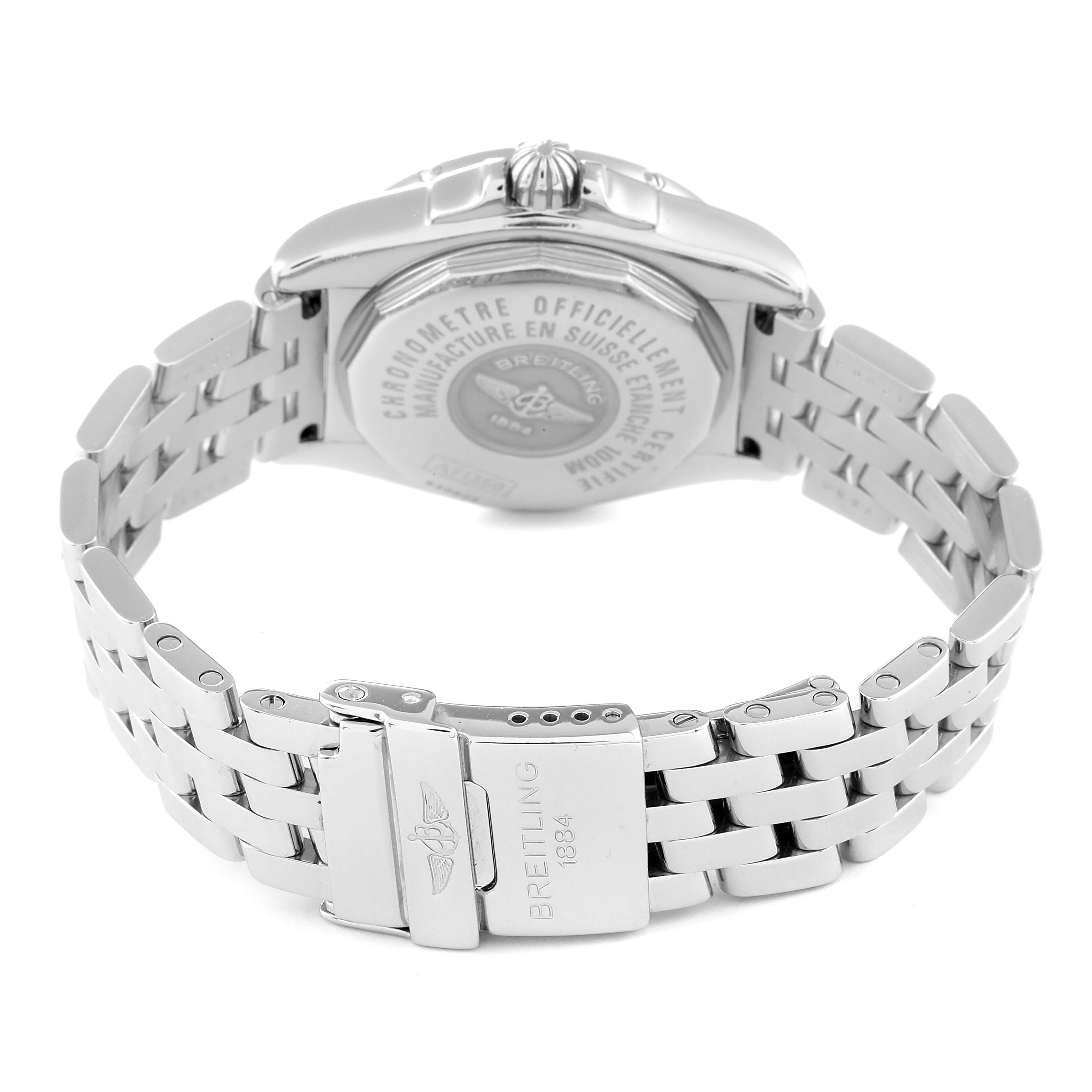 The Breitling A71356 Women's Stainless Steel Mother of Pearl Dial A71356 Women's Stainless Steel Mother of Pearl Dial Cockpit A71356 model watch is shown from the back, highlighting the clasp and bracelet details.