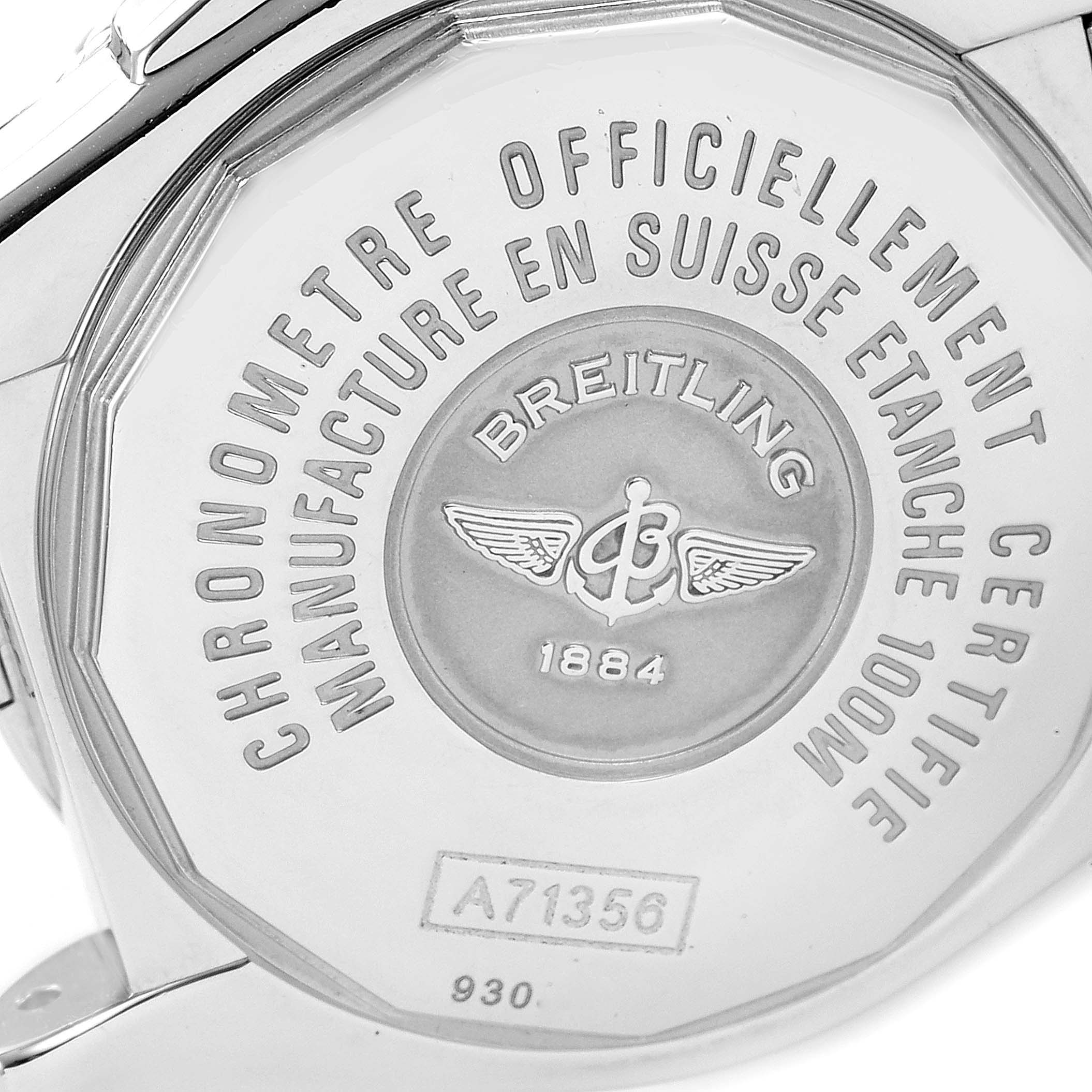 The image shows the back case of the Breitling A71356 Women's Stainless Steel Mother of Pearl Dial A71356 Women's Stainless Steel Mother of Pearl Dial Cockpit Mother of Pearl Diamond Steel Ladies Watch model A71356.