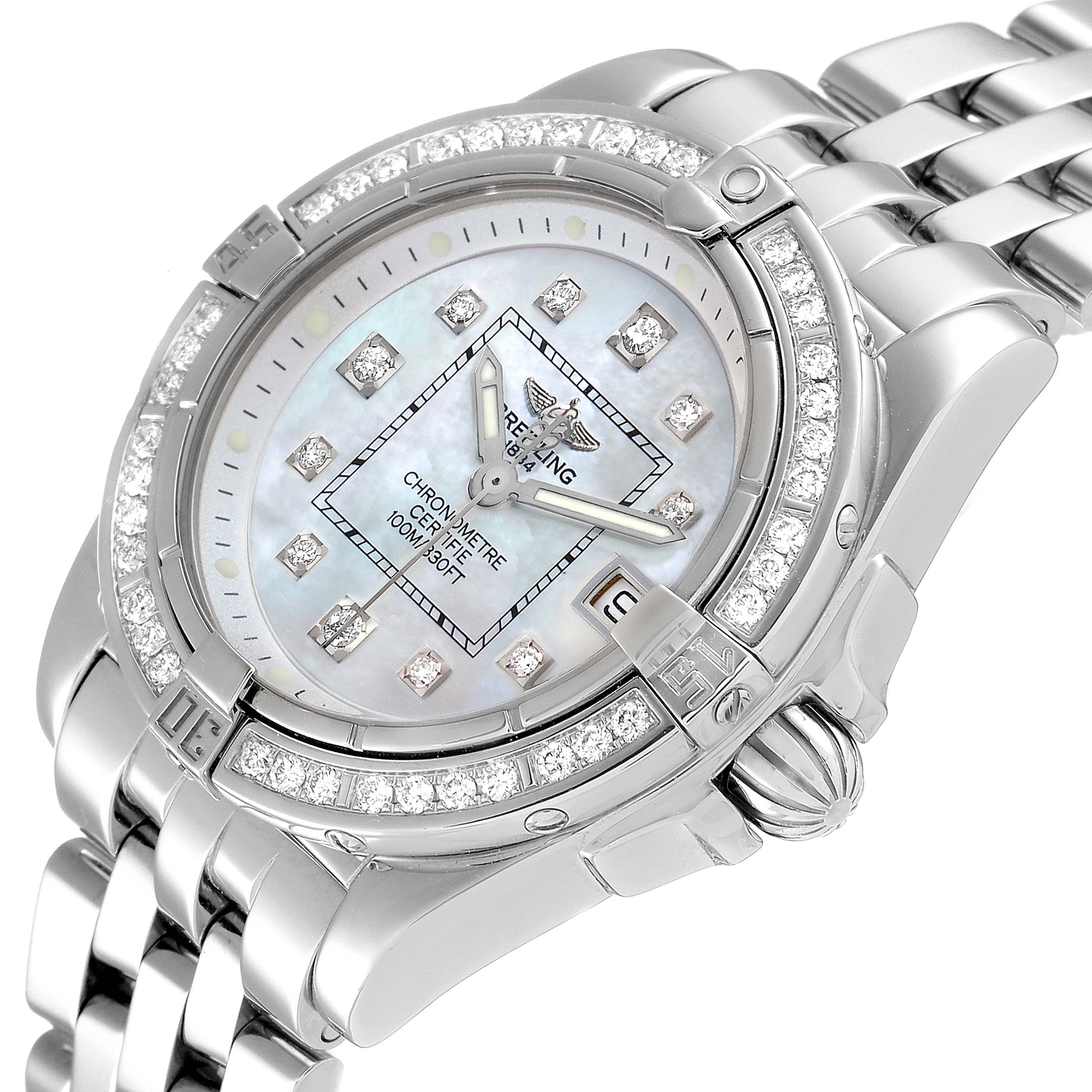 The image shows a close-up angle of the Breitling A71356 Women's Stainless Steel Mother of Pearl Dial A71356 Women's Stainless Steel Mother of Pearl Dial Cockpit Mother of Pearl Diamond Steel Ladies Watch A71356, highlighting its face and bracelet.