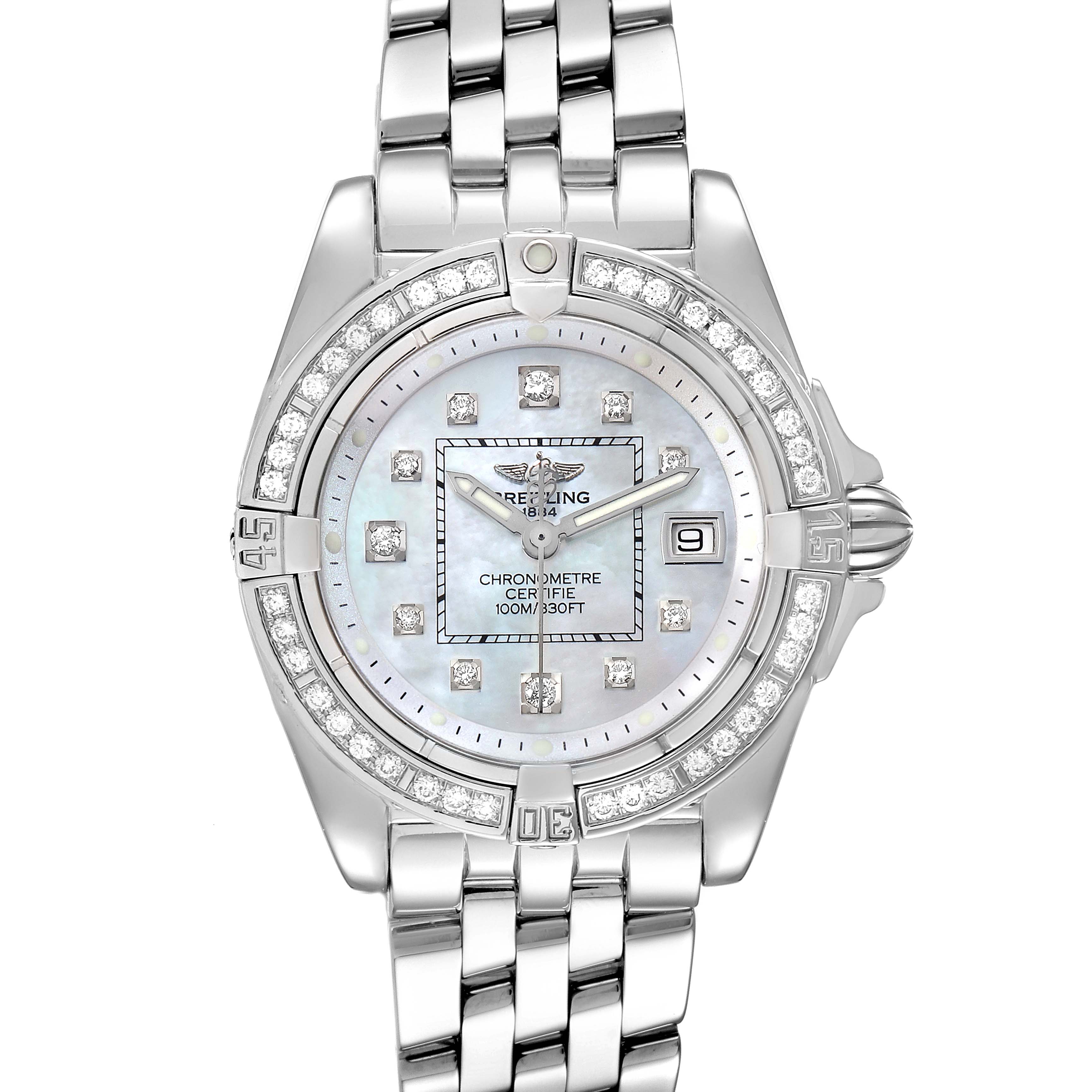 The image shows a front view of the Breitling A71356 Women's Stainless Steel Mother of Pearl Dial A71356 Women's Stainless Steel Mother of Pearl Dial Cockpit Mother of Pearl Diamond Steel Ladies Watch A71356, highlighting the dial, bracelet, and bezel.