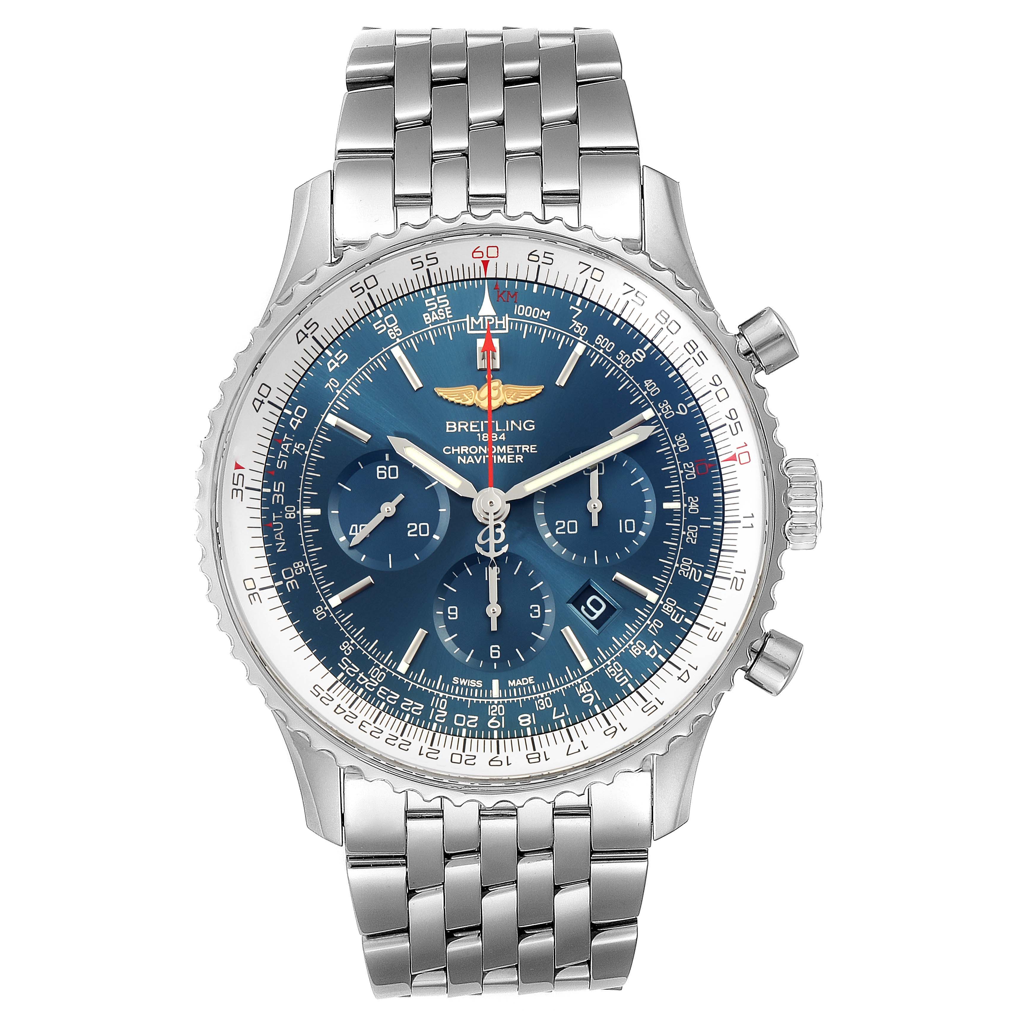 This is a front view of the Breitling Navitimer AB012721-C889-453A Men's Stainless Steel Blue Dial AB012721-C889-453A Men's Stainless Steel Blue Dial watch, showing its dial, bezel, chronograph subdials, and bracelet.