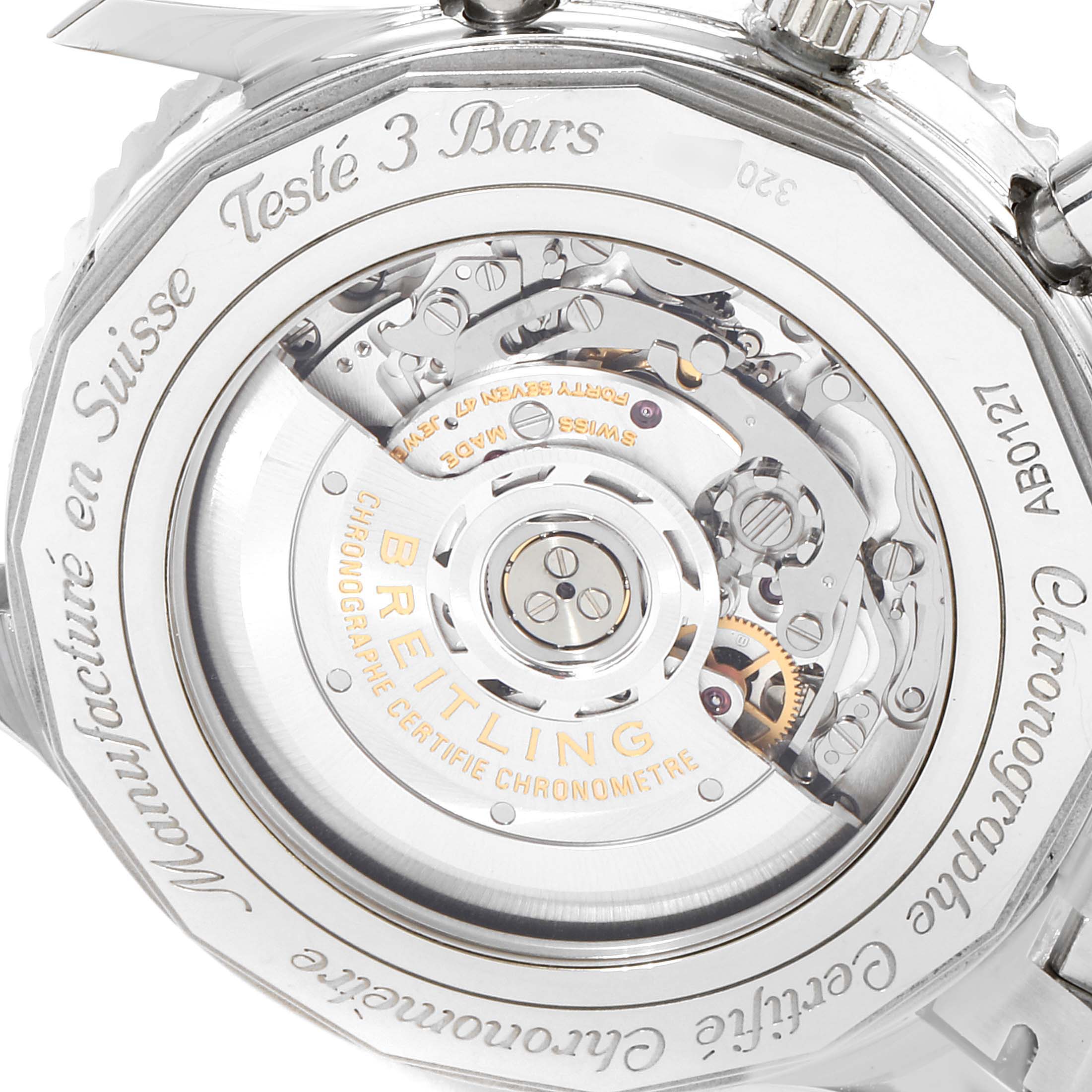 This image shows the back casing and exposed movement of the Breitling Navitimer AB012721-C889-453A Men's Stainless Steel Blue Dial AB012721-C889-453A Men's Stainless Steel Blue Dial, highlighting the internal mechanics and engravings.