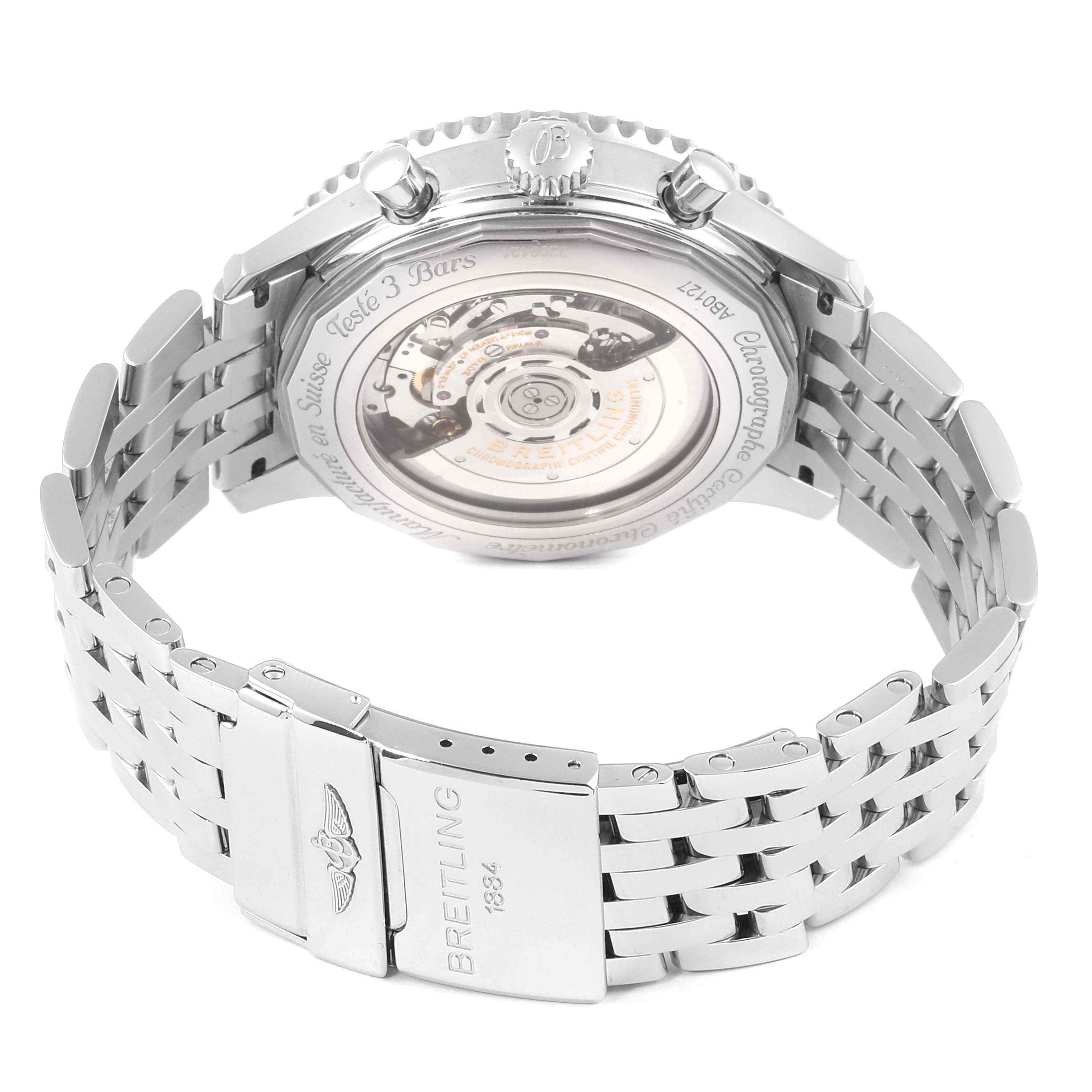 The image shows the back view of a Breitling Navitimer AB012721-C889-453A Men's Stainless Steel Blue Dial AB012721-C889-453A Men's Stainless Steel Blue Dial watch with an exposed movement and stainless steel bracelet.