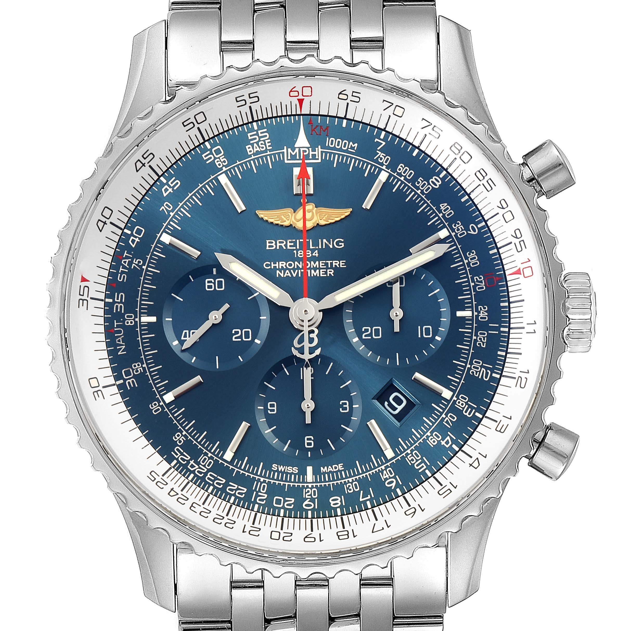 The image shows a front view of the Breitling Navitimer AB012721-C889-453A Men's Stainless Steel Blue Dial AB012721-C889-453A Men's Stainless Steel Blue Dial watch with its dial, chronograph subdials, and steel bracelet.