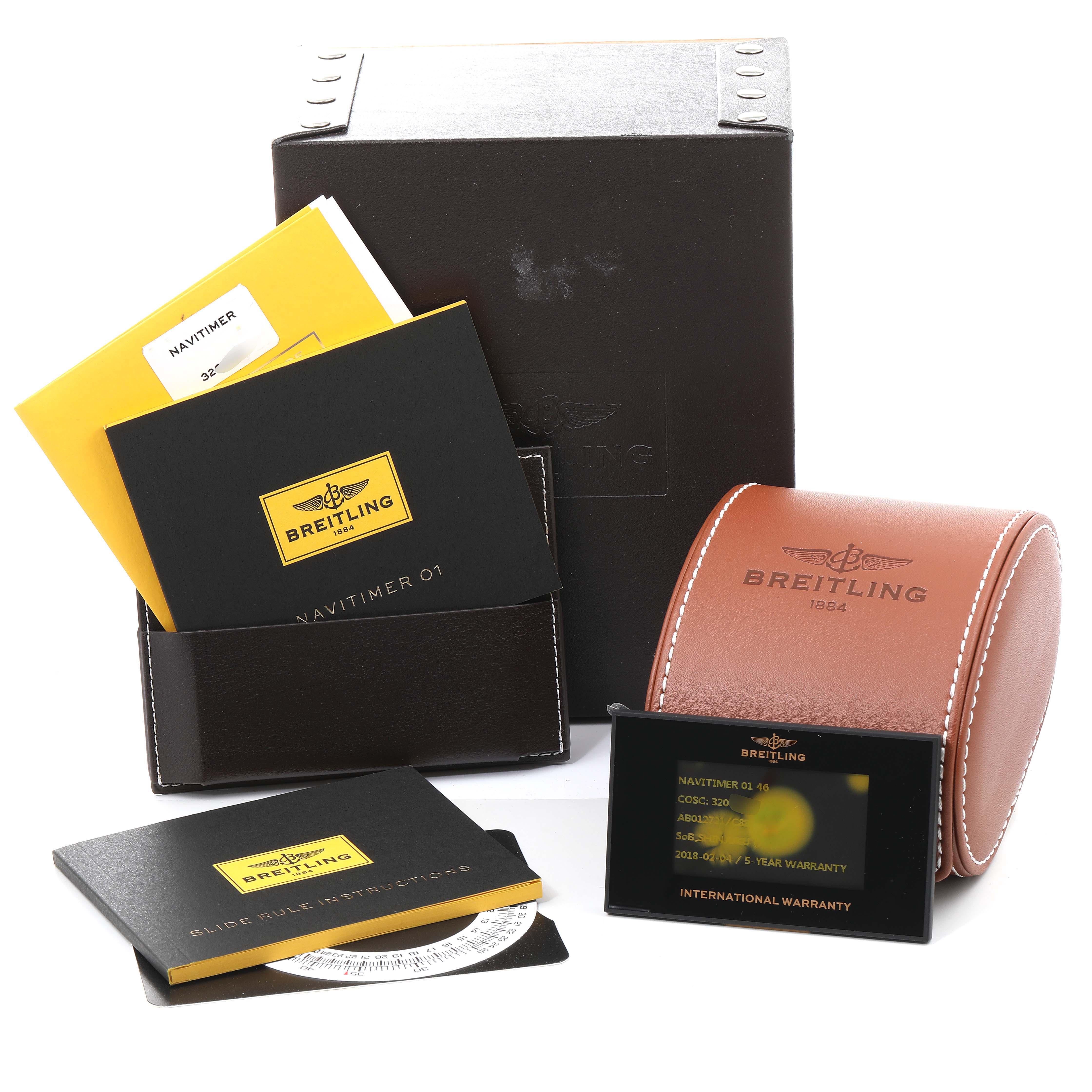 The image shows the packaging, warranty cards, manuals, and a leather case for a Breitling Navitimer AB012721-C889-453A Men's Stainless Steel Blue Dial AB012721-C889-453A Men's Stainless Steel Blue Dial watch model.