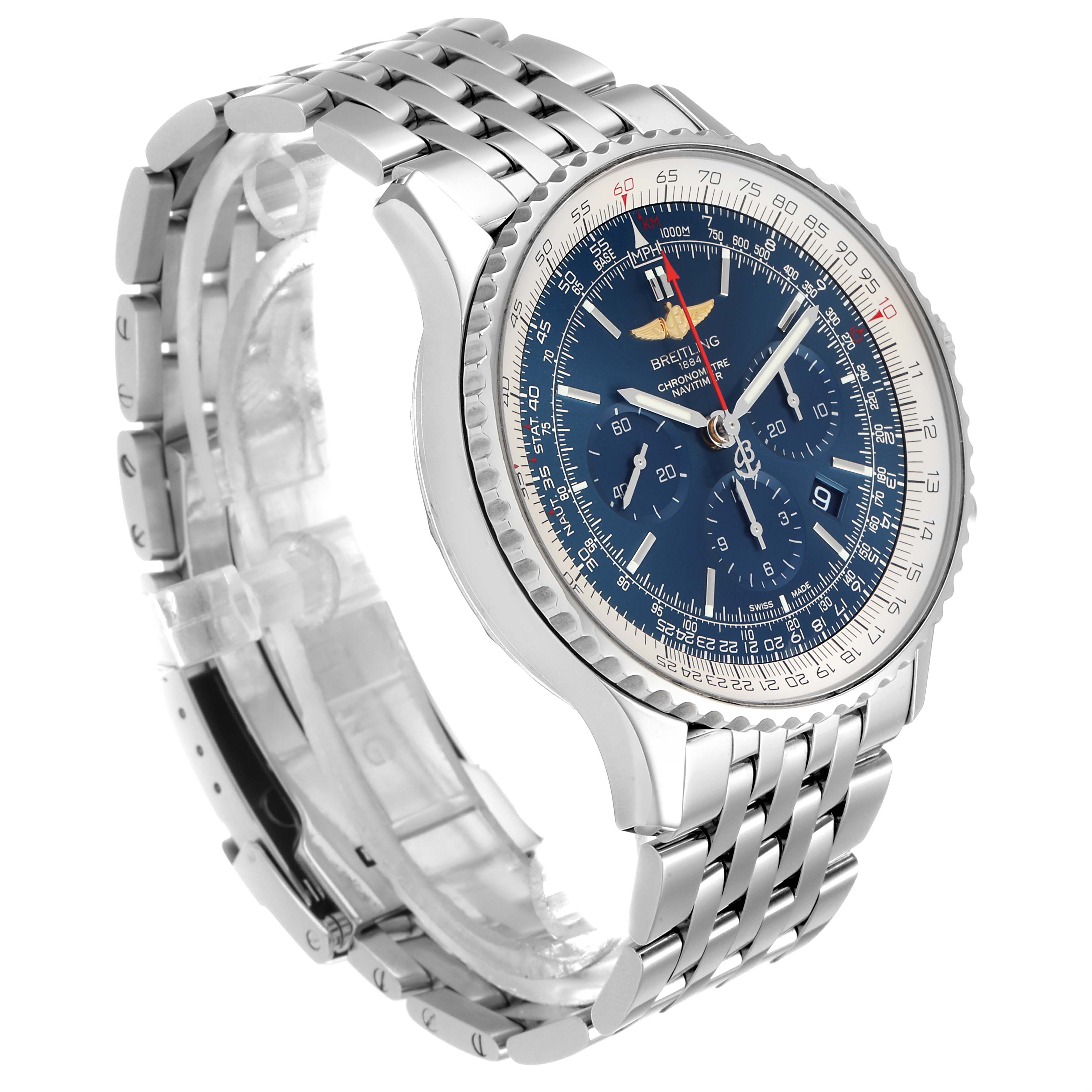 The image shows a Breitling Navitimer AB012721-C889-453A Men's Stainless Steel Blue Dial AB012721-C889-453A Men's Stainless Steel Blue Dial watch at an angled side view, highlighting the dial, bezel, and metal bracelet.