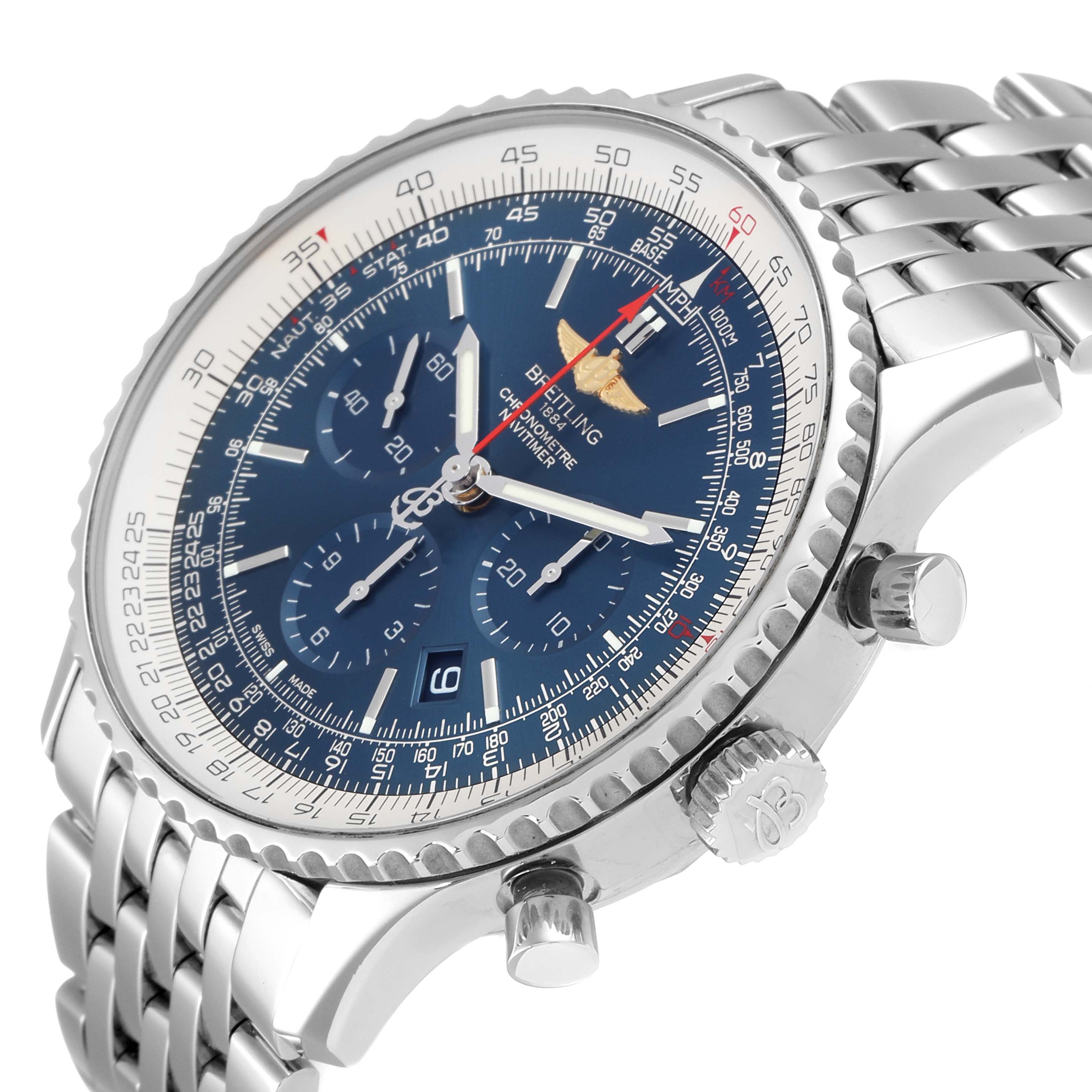 The image shows a Breitling Navitimer AB012721-C889-453A Men's Stainless Steel Blue Dial AB012721-C889-453A Men's Stainless Steel Blue Dial watch at a three-quarter angle, highlighting the bezel, dial, crown, and metal bracelet.
