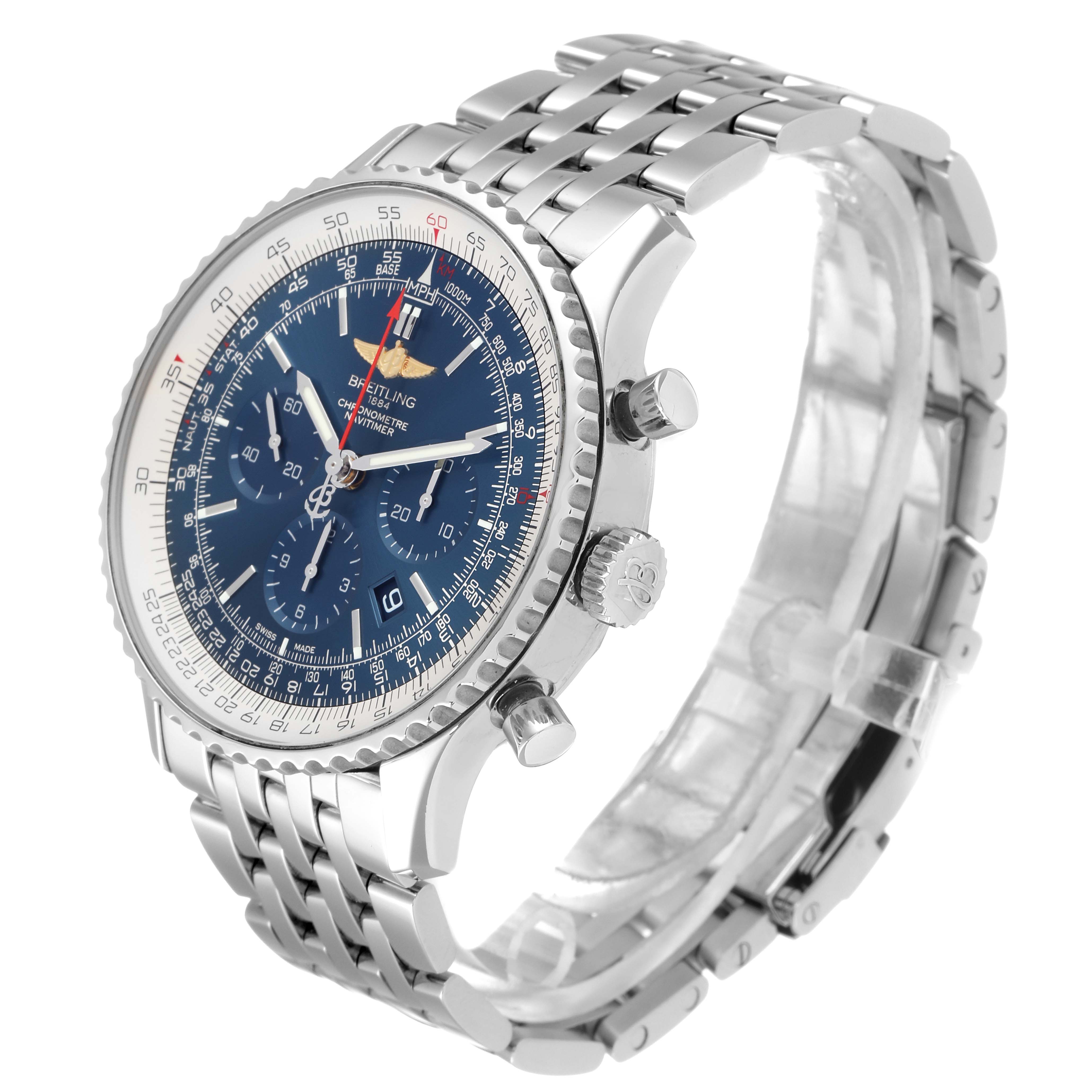 The image shows a Breitling Navitimer AB012721-C889-453A Men's Stainless Steel Blue Dial AB012721-C889-453A Men's Stainless Steel Blue Dial watch angled slightly from the side, highlighting the bracelet, crown, and chronograph buttons.