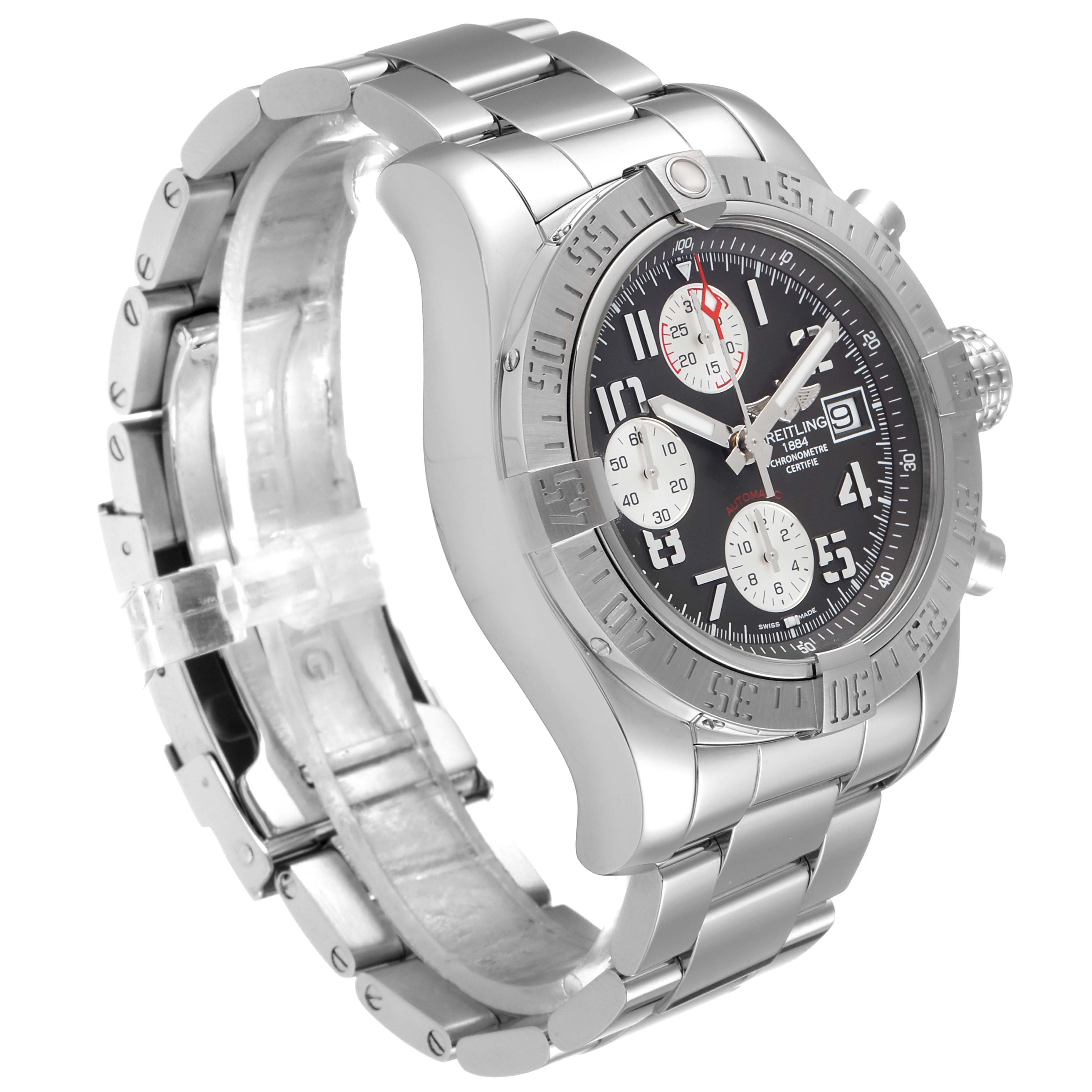 This image shows a side and front view of a Breitling Avenger A13381 Men's Stainless Steel Grey Dial A13381 Men's Stainless Steel Grey Dial watch, highlighting its dial, bezel, and metal bracelet.