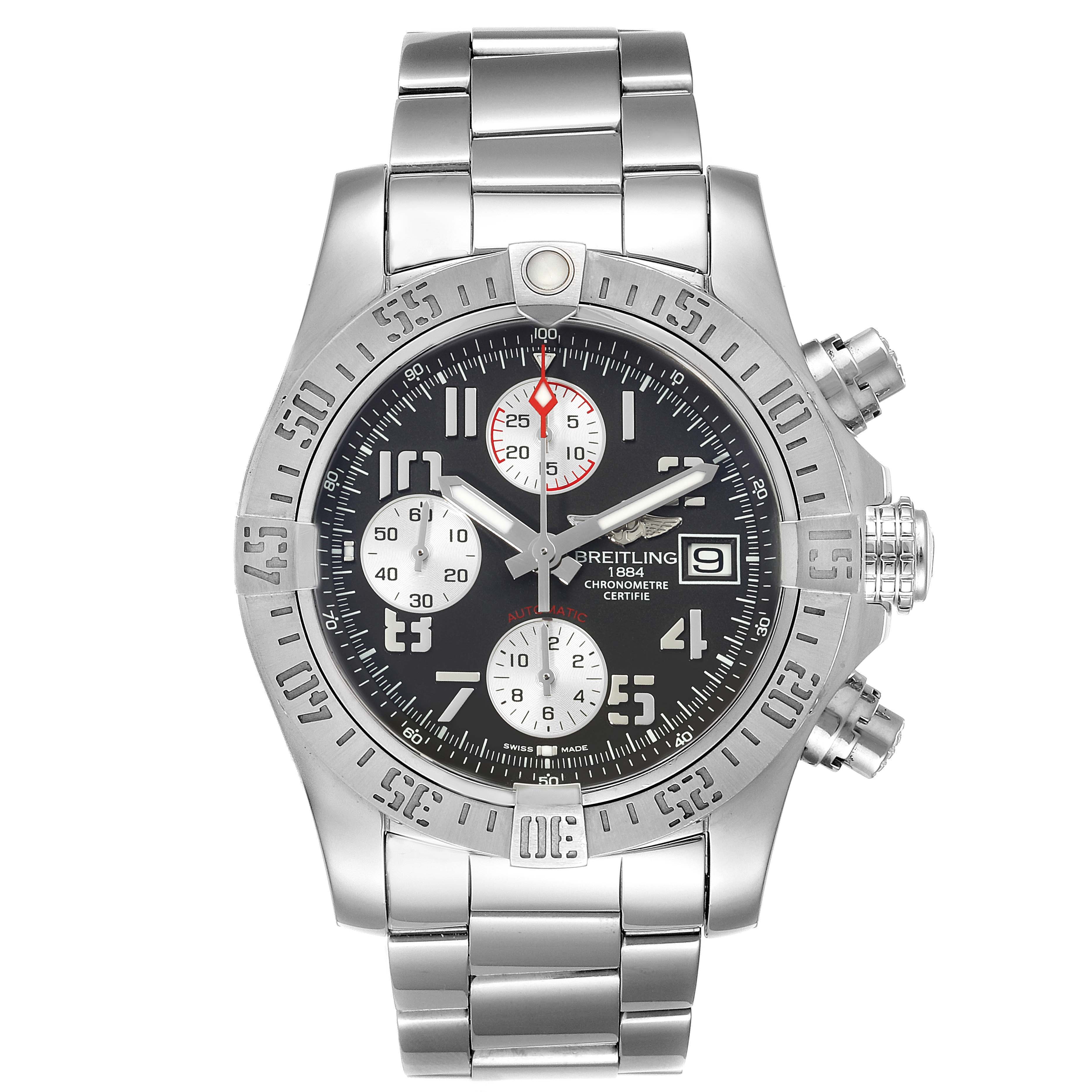 The Breitling Avenger A13381 Men's Stainless Steel Grey Dial A13381 Men's Stainless Steel Grey Dial watch is depicted from a front angle, showcasing its dial, bezel, and bracelet.