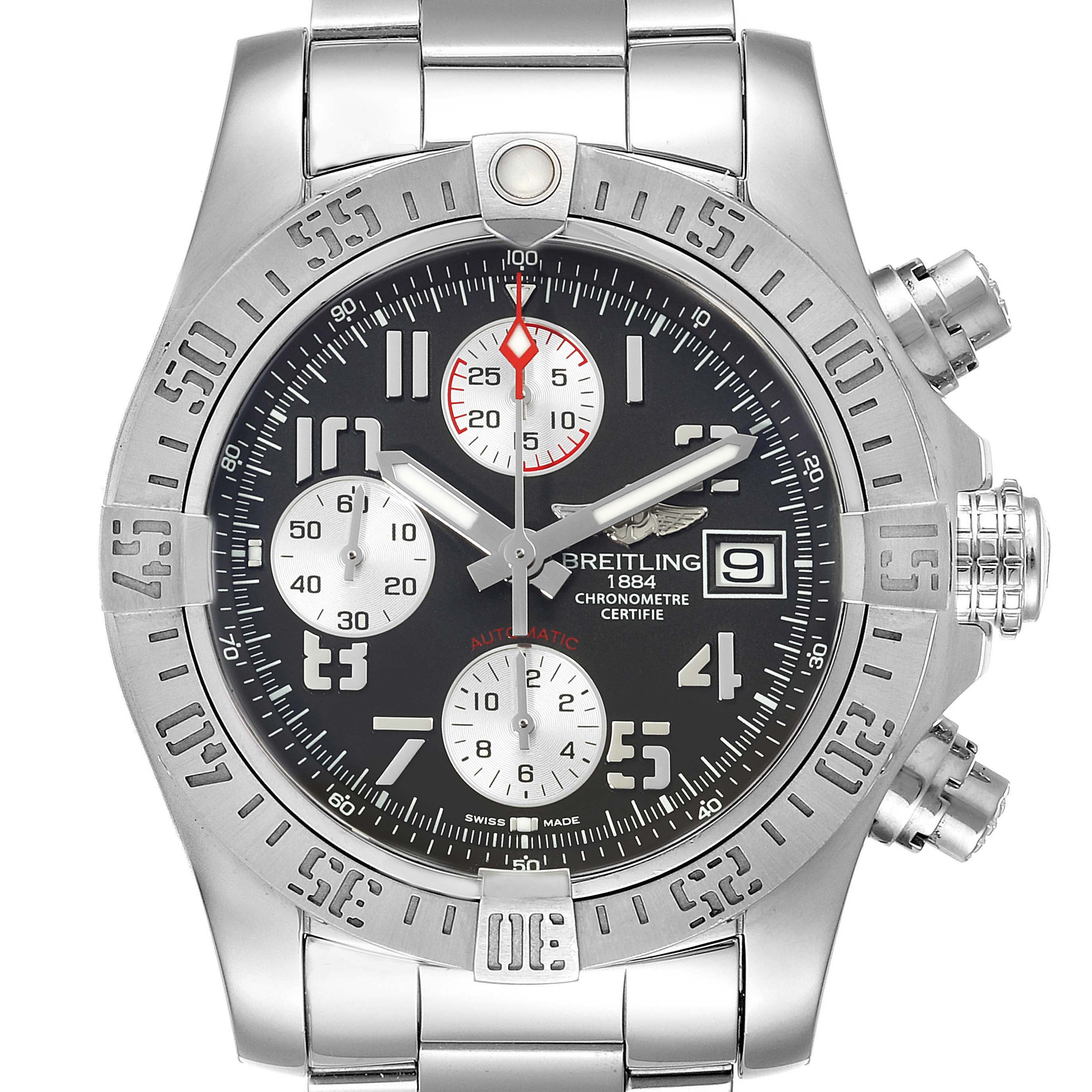 The image shows a front view of the Breitling Avenger A13381 Men's Stainless Steel Grey Dial A13381 Men's Stainless Steel Grey Dial watch, highlighting its face, bezel, and stainless steel bracelet.
