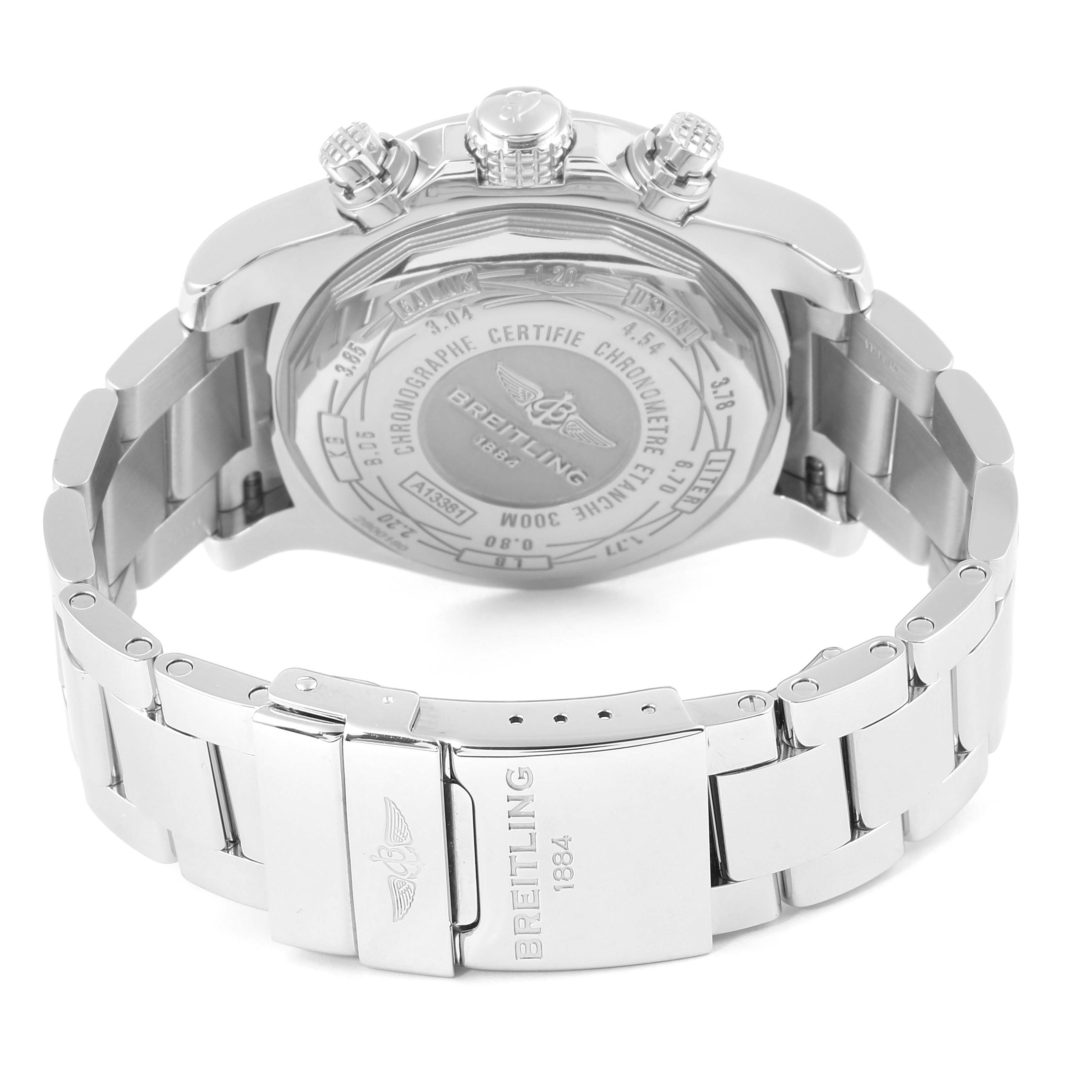 The image shows the back view and clasp of the Breitling Avenger A13381 Men's Stainless Steel Grey Dial A13381 Men's Stainless Steel Grey Dial watch, highlighting its brushed stainless steel bracelet and detailed case back.