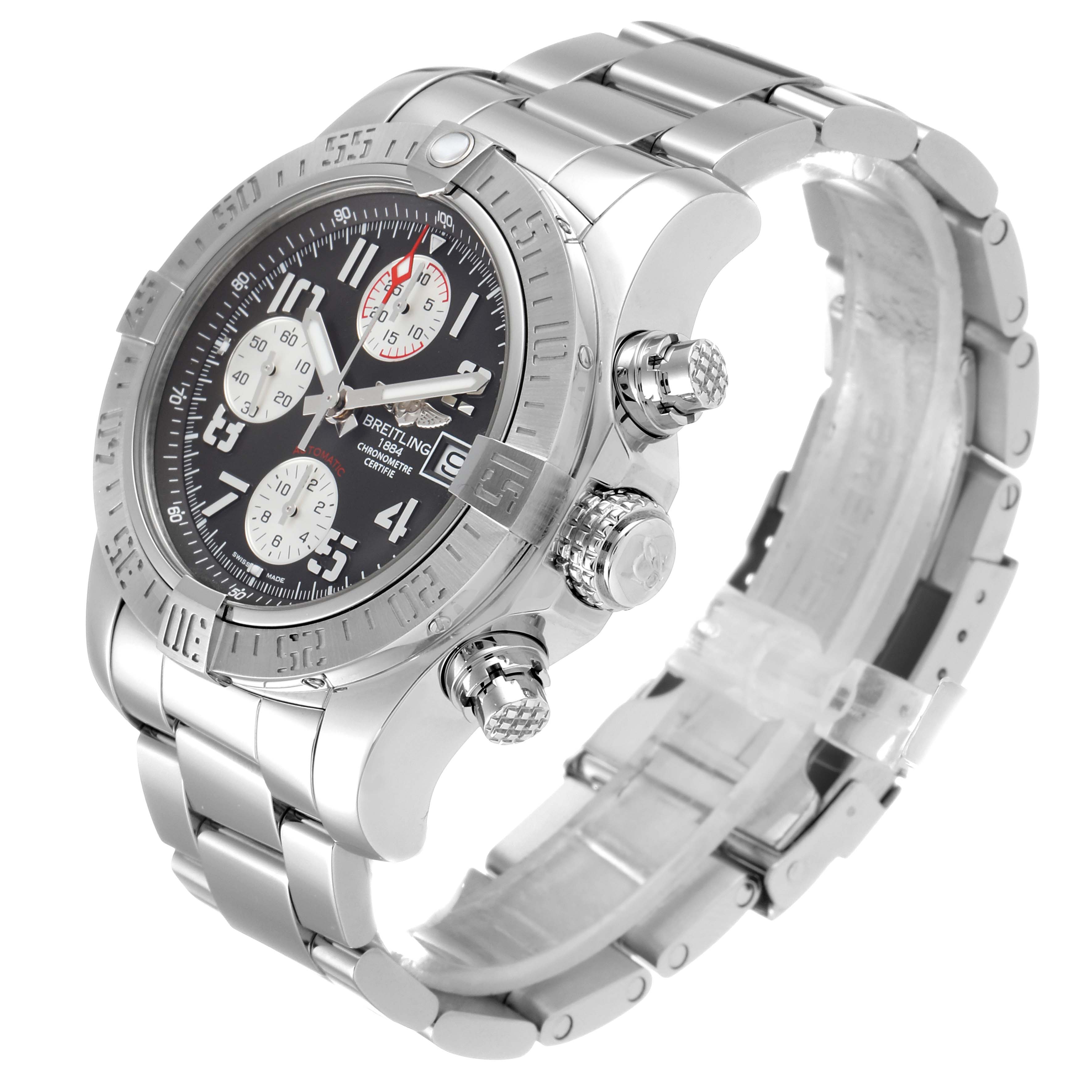 The image shows a Breitling Avenger A13381 Men's Stainless Steel Grey Dial A13381 Men's Stainless Steel Grey Dial watch at an angle highlighting its stainless steel case, bezel, crown, pushers, and bracelet.