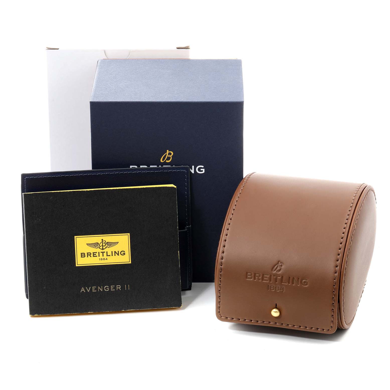 The image shows the packaging and accessories for a Breitling Avenger A13381 Men's Stainless Steel Grey Dial A13381 Men's Stainless Steel Grey Dial II, including a leather case, manual, and outer box.