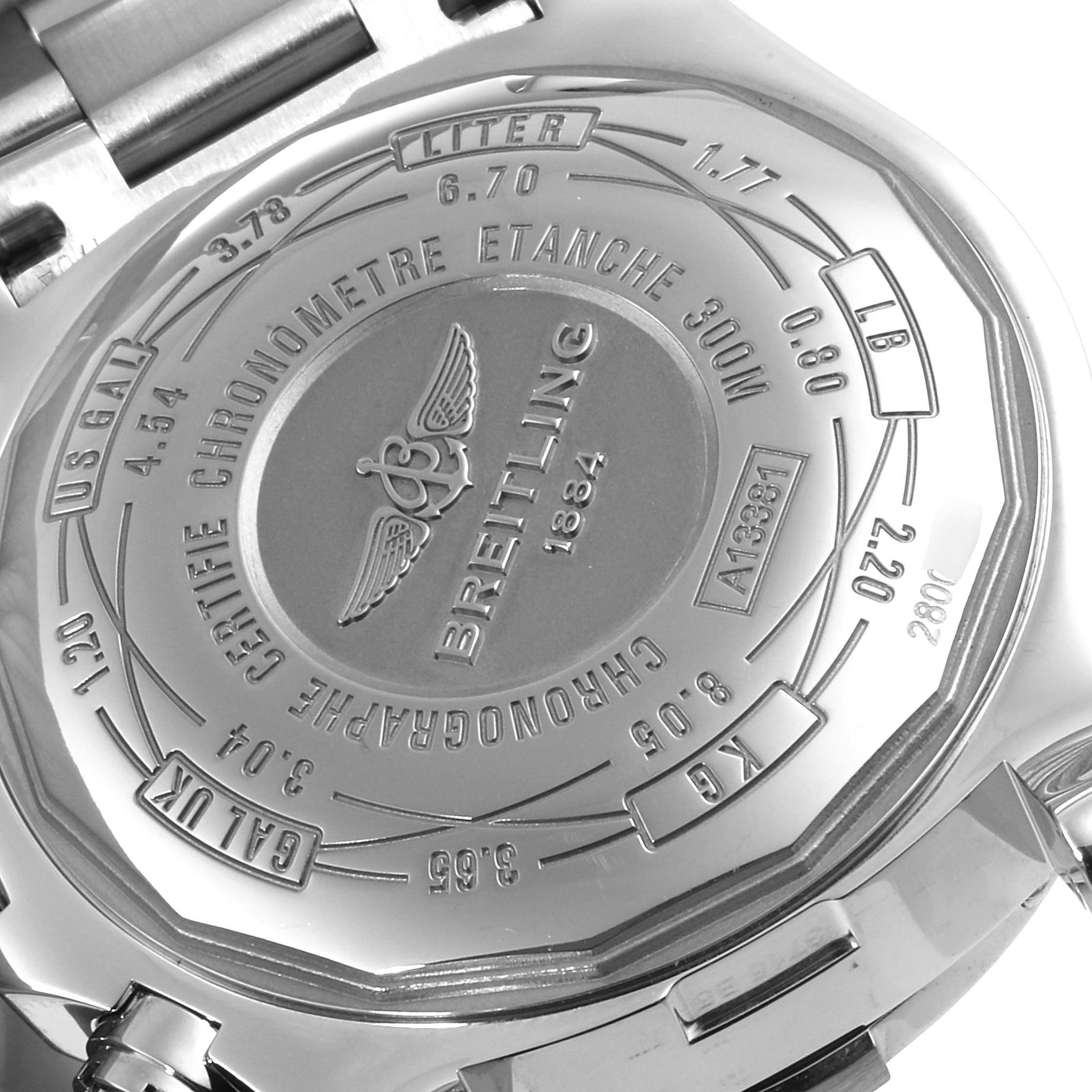 The image shows the back case of a Breitling Avenger A13381 Men's Stainless Steel Grey Dial A13381 Men's Stainless Steel Grey Dial watch, displaying the brand's logo and watch specifications.