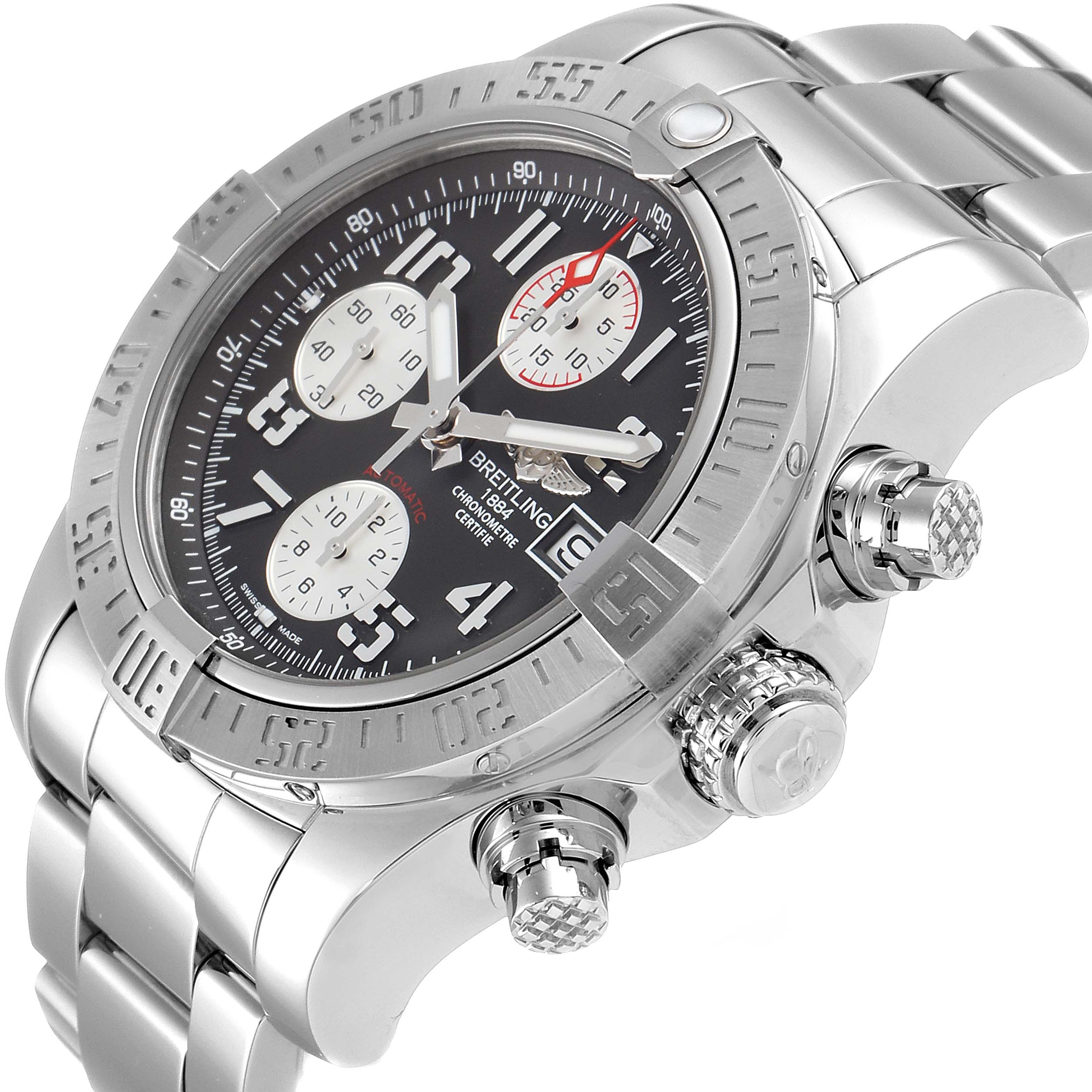 The image shows a Breitling Avenger A13381 Men's Stainless Steel Grey Dial A13381 Men's Stainless Steel Grey Dial watch from an angled side view, highlighting the face, bezel, crown, and bracelet.