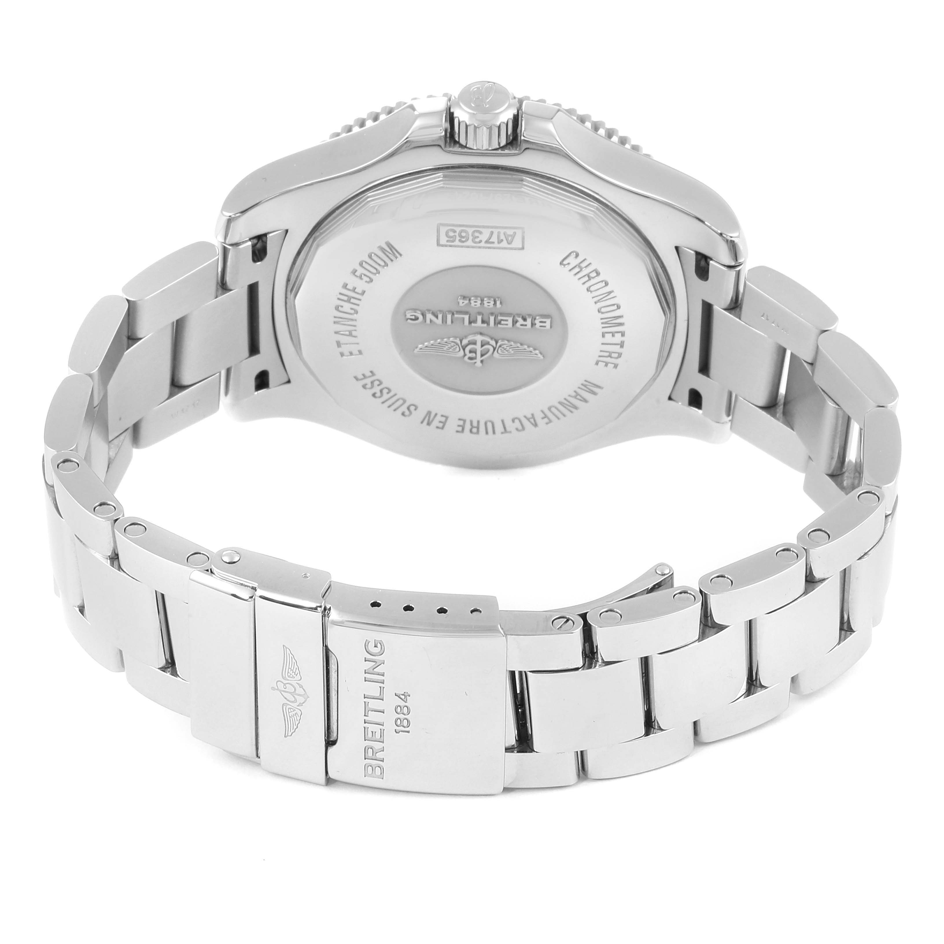 The image shows the back case and bracelet of a Breitling Superocean A17391 Men's Stainless Steel Blue Dial A17391 Men's Stainless Steel Blue Dial watch, highlighting the brand engraving and clasp.