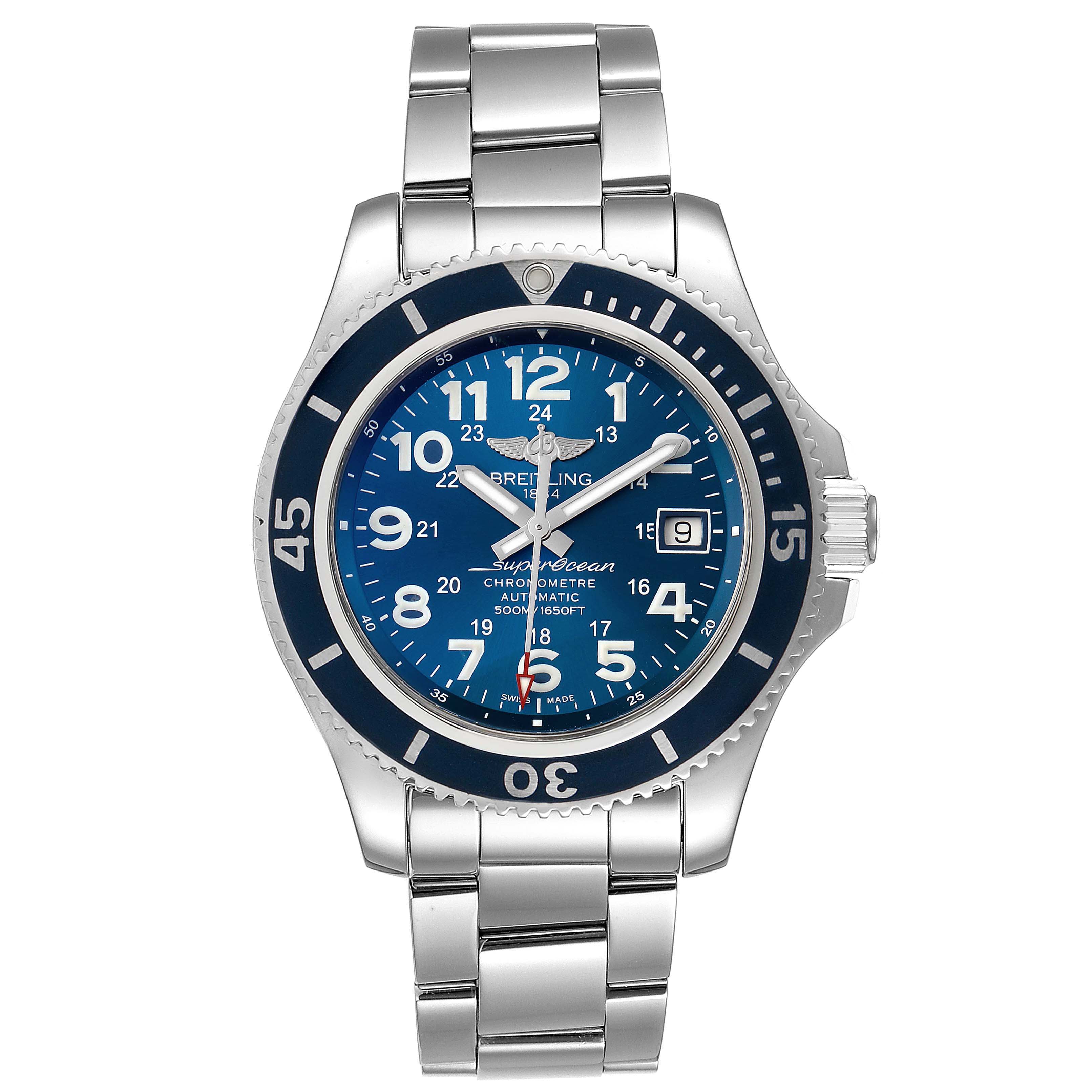 This image shows a front view of a Breitling Superocean A17391 Men's Stainless Steel Blue Dial A17391 Men's Stainless Steel Blue Dial watch, displaying its face, bezel, crown, and metal bracelet.