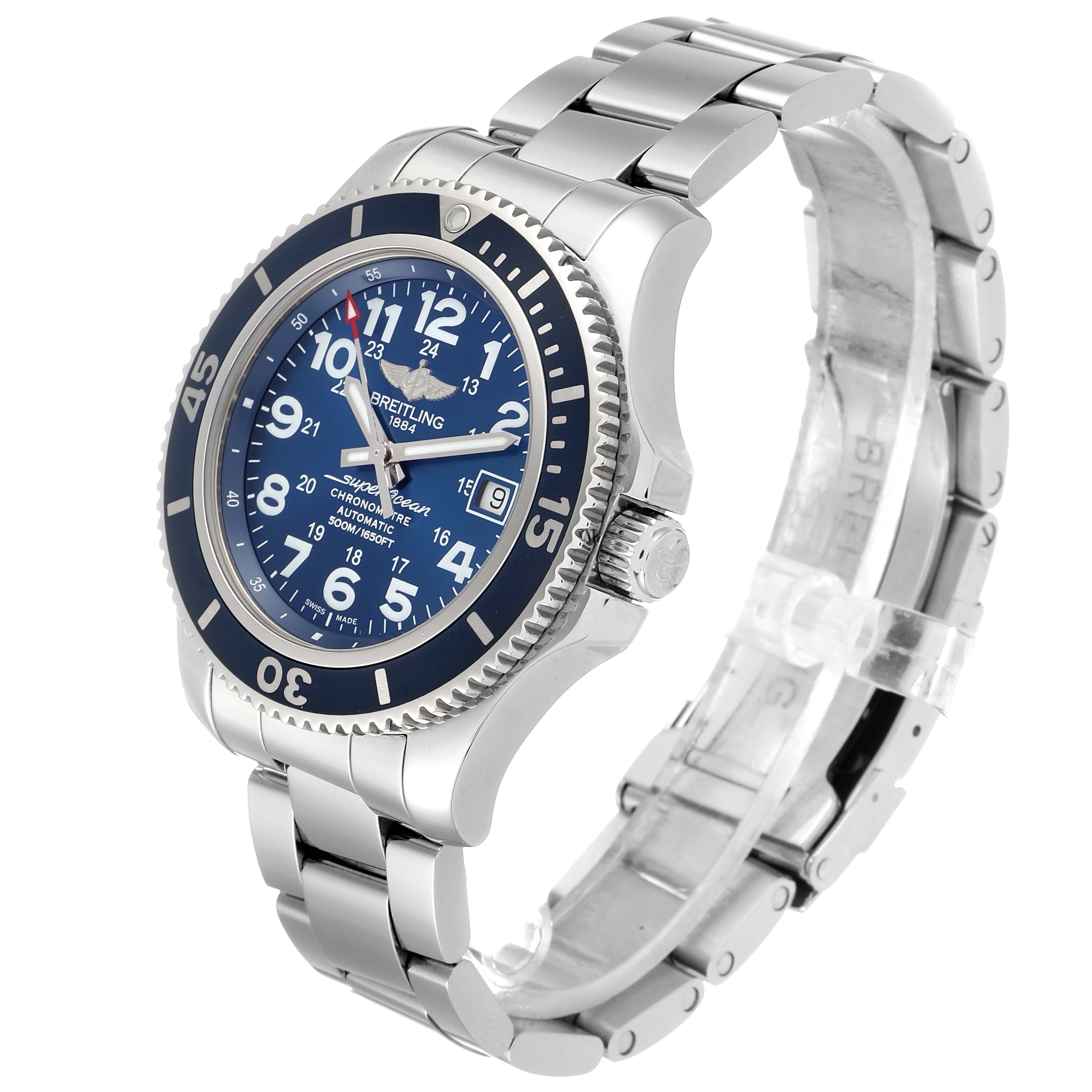 The image shows a Breitling Superocean A17391 Men's Stainless Steel Blue Dial A17391 Men's Stainless Steel Blue Dial watch at an angle highlighting its dial, bezel, crown, and stainless steel bracelet.