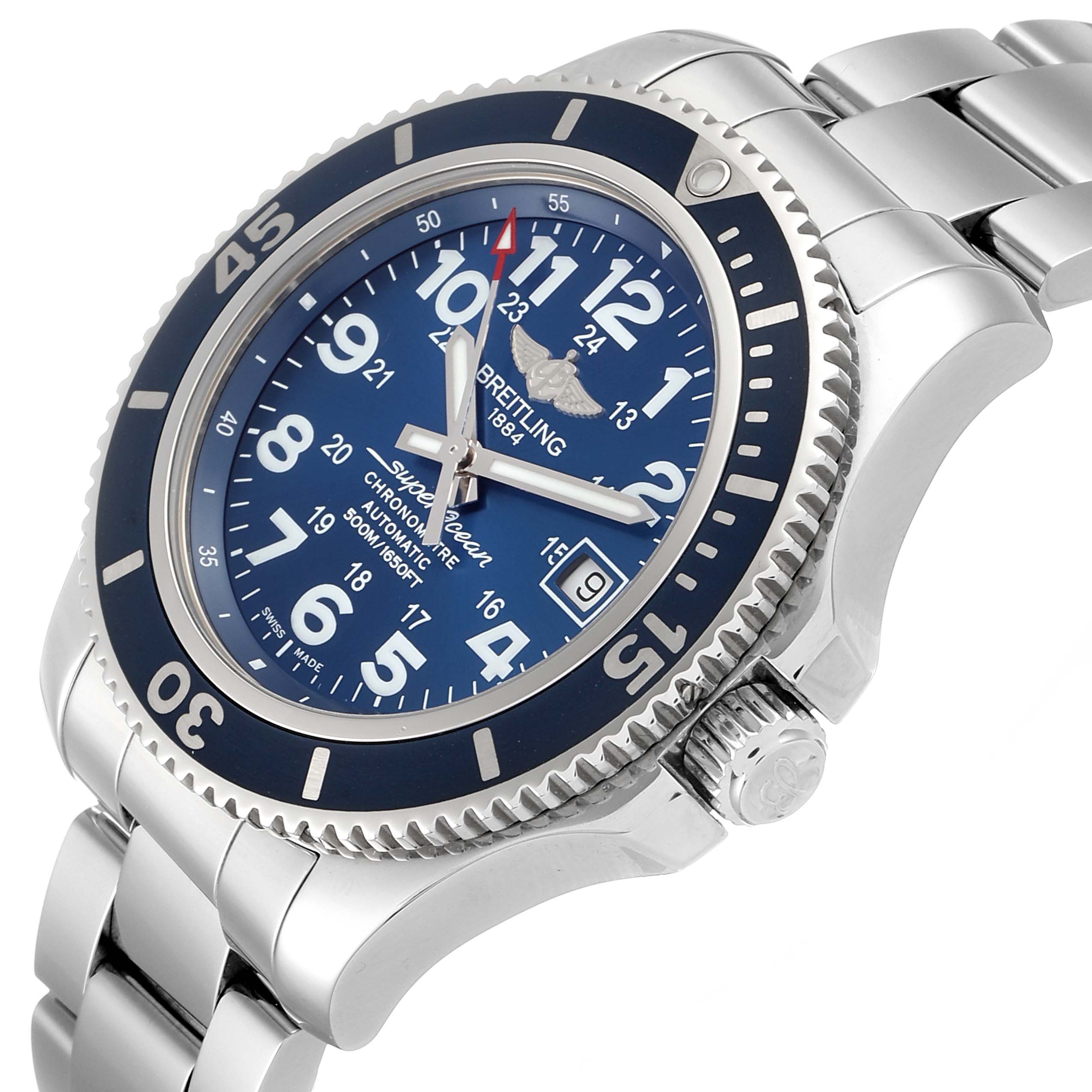 This image shows a Breitling Superocean A17391 Men's Stainless Steel Blue Dial A17391 Men's Stainless Steel Blue Dial watch from a side angle, highlighting its dial, bezel, crown, and metal bracelet.
