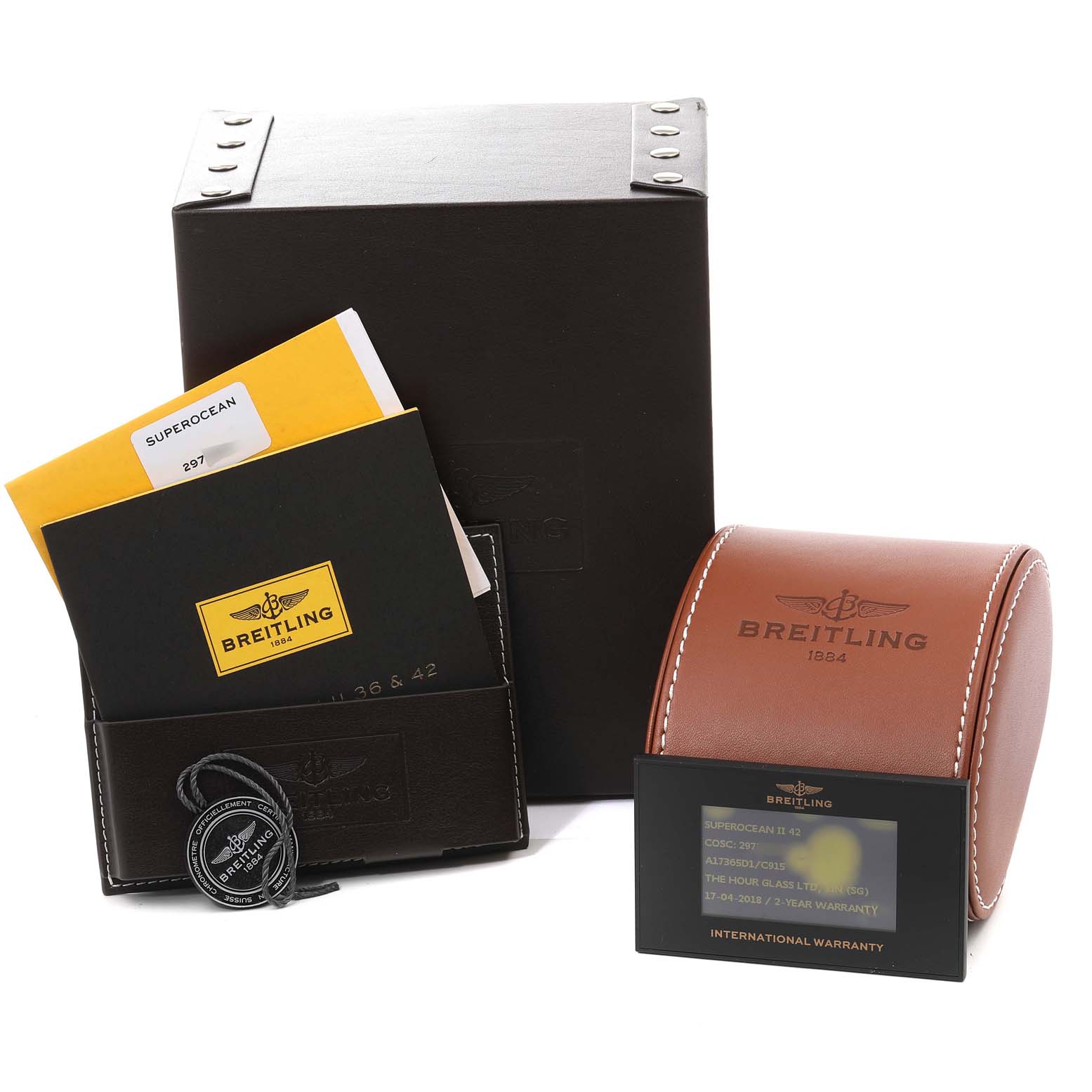 The image shows the packaging, warranty, and accessories for a Breitling Superocean A17391 Men's Stainless Steel Blue Dial A17391 Men's Stainless Steel Blue Dial watch.