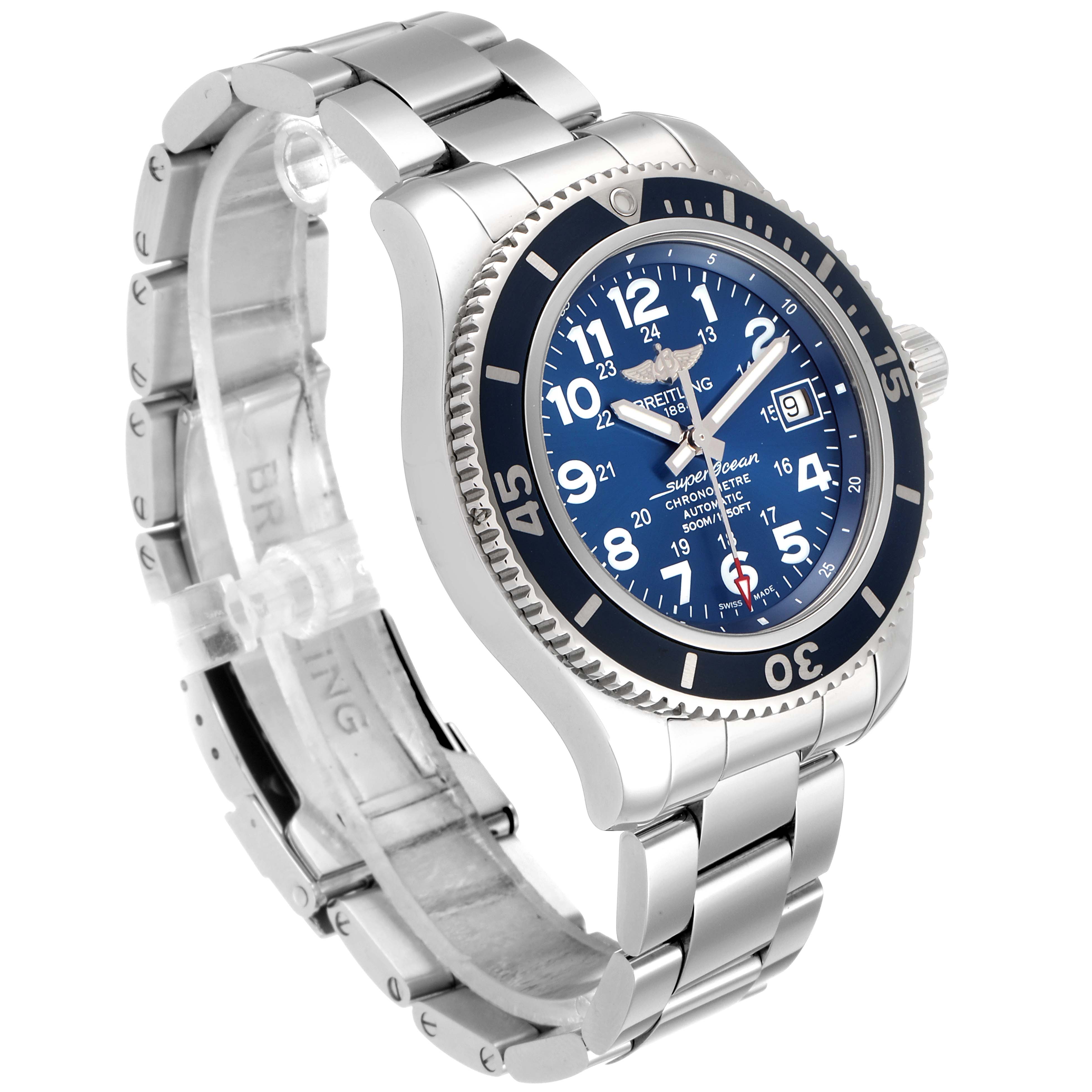 The image shows a side angle of the Breitling Superocean A17391 Men's Stainless Steel Blue Dial A17391 Men's Stainless Steel Blue Dial watch, displaying the dial, bezel, bracelet, and crown.
