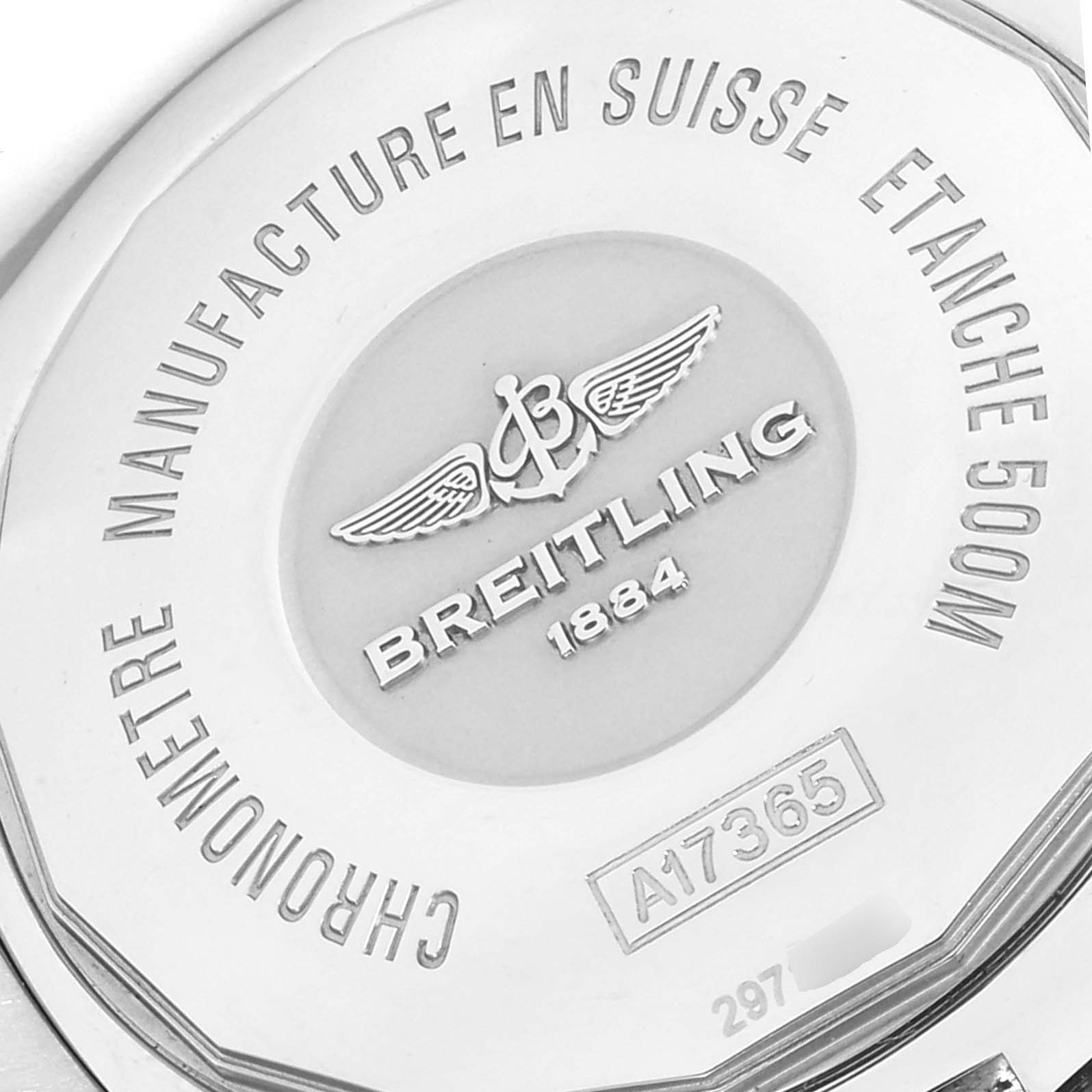 The image shows the back case of a Breitling Superocean A17391 Men's Stainless Steel Blue Dial A17391 Men's Stainless Steel Blue Dial watch, highlighting the brand, model, and specifications.