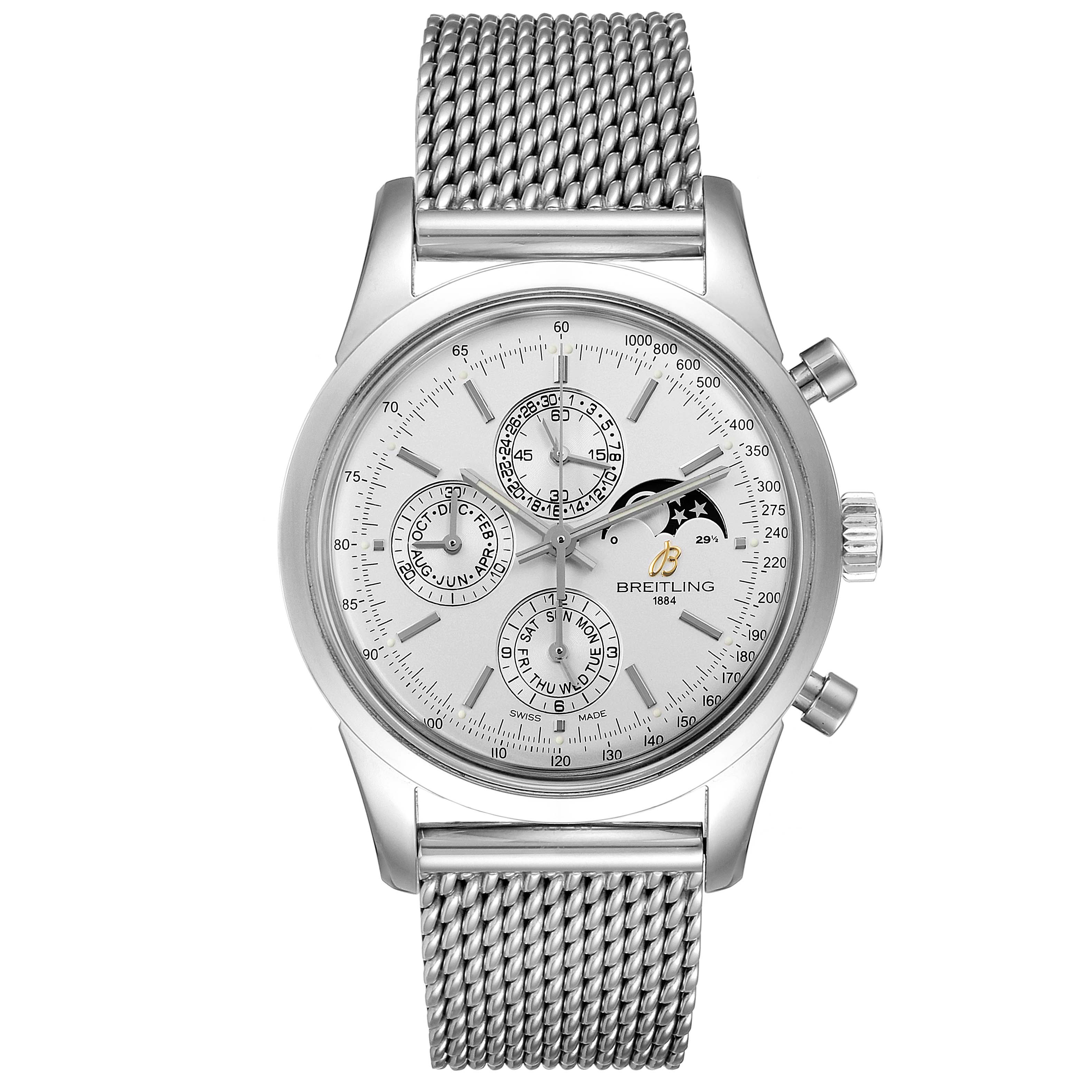 This image shows the Breitling Transocean A19310 Men's Stainless Steel Silver Dial A19310 Men's Stainless Steel Silver Dial watch from a top-down view, highlighting its mesh bracelet, chronograph dials, and moon phase indicator.