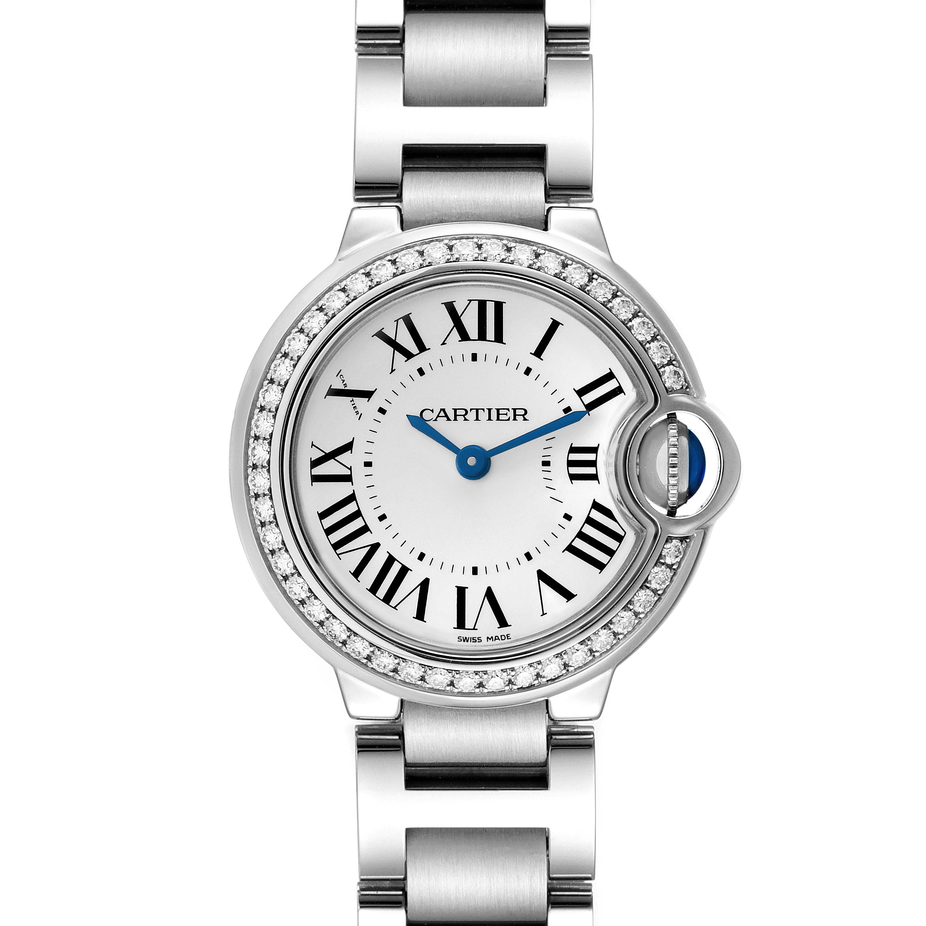 The image shows a Cartier Ballon Bleu W4BB0015 Women's Stainless Steel Silver Dial watch from a front view, highlighting the face, Roman numerals, and metal bracelet.