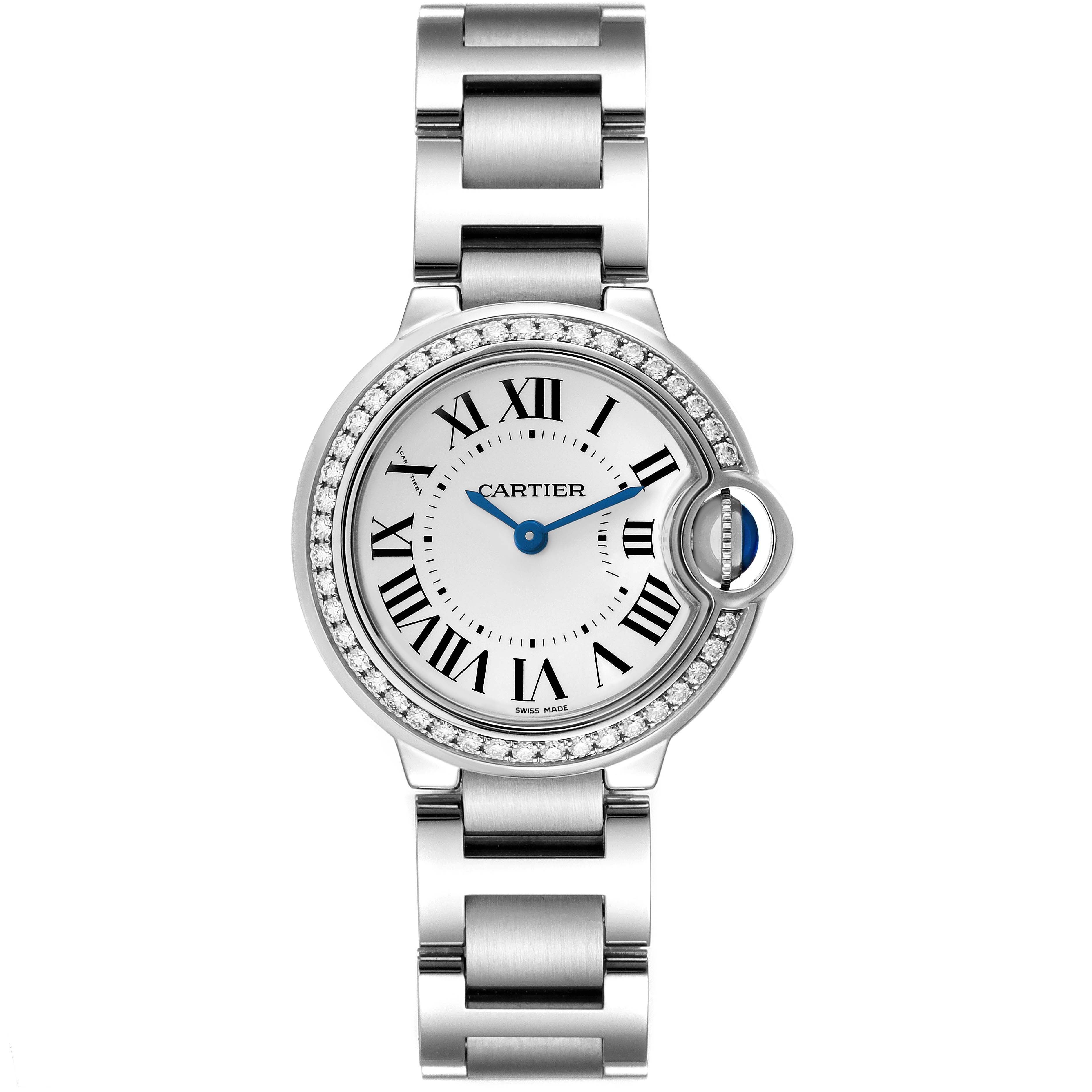 The Cartier Ballon Bleu W4BB0015 Women's Stainless Steel Silver Dial watch is shown from a top view, featuring its full face, bezel, bracelet, and the distinctive crown.