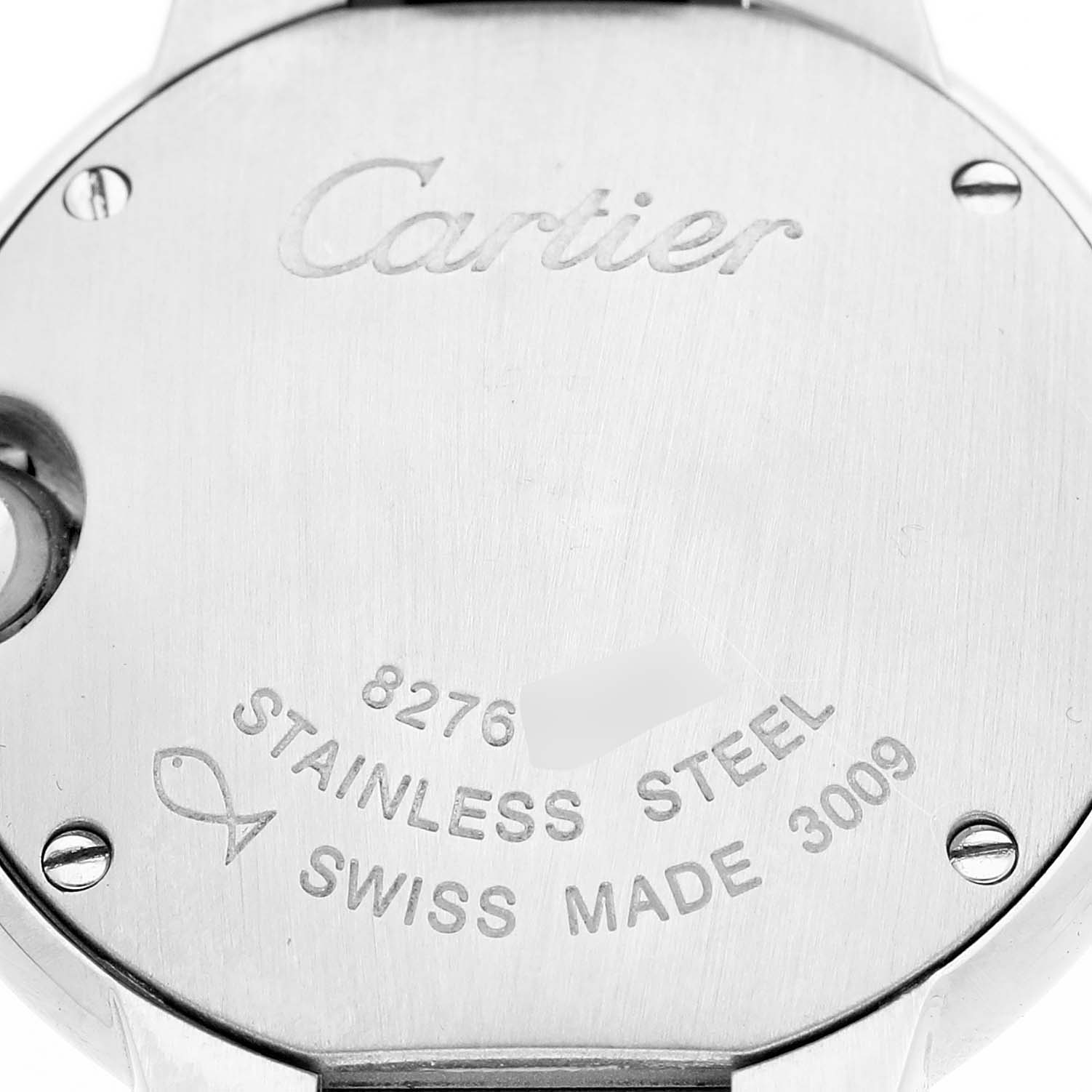 The image shows the back of a Cartier Ballon Bleu W4BB0015 Women's Stainless Steel Silver Dial watch, highlighting the stainless steel material and engravings.