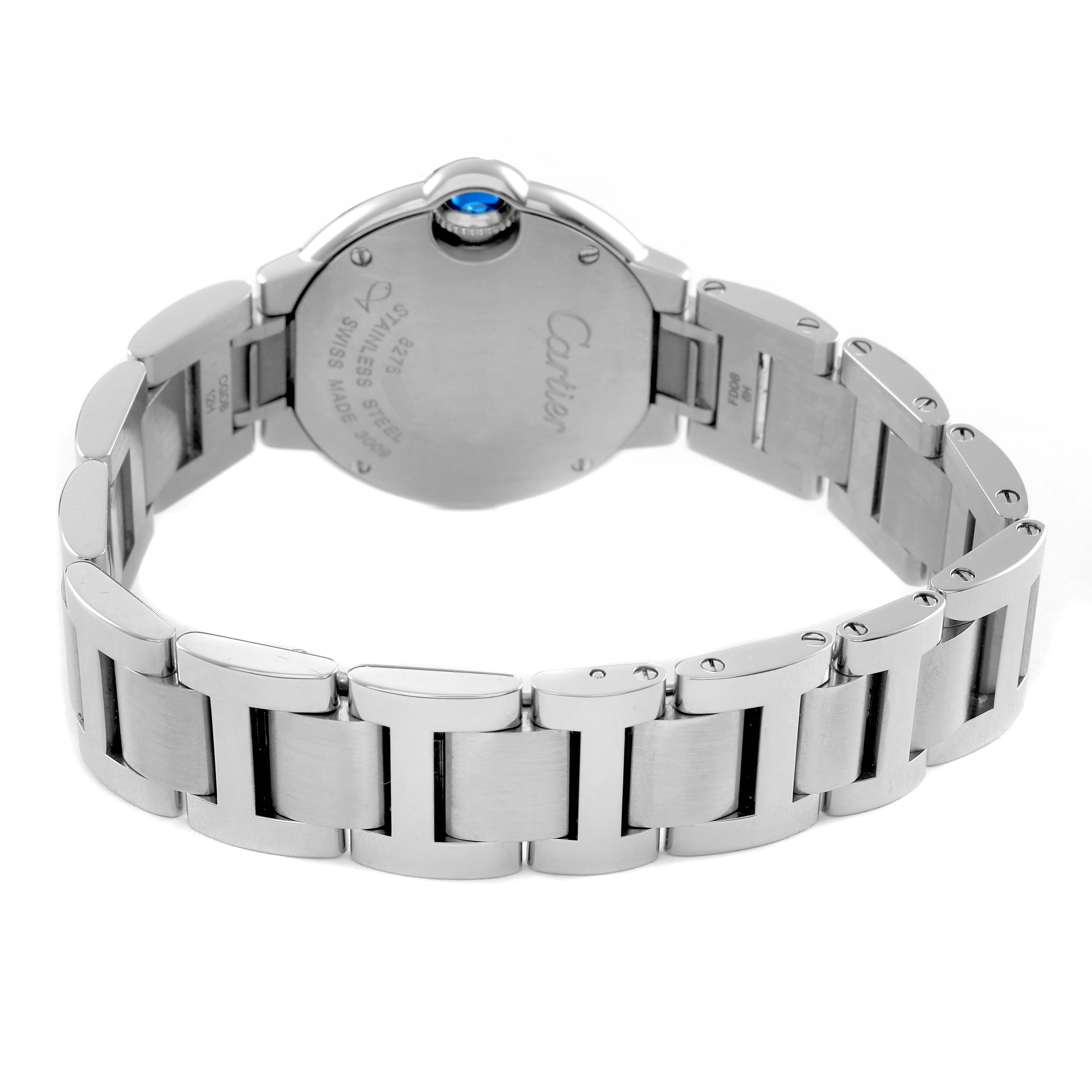 The Cartier Ballon Bleu W4BB0015 Women's Stainless Steel Silver Dial is shown from the back, displaying the bracelet and case back detail with a visible blue cabochon crown.