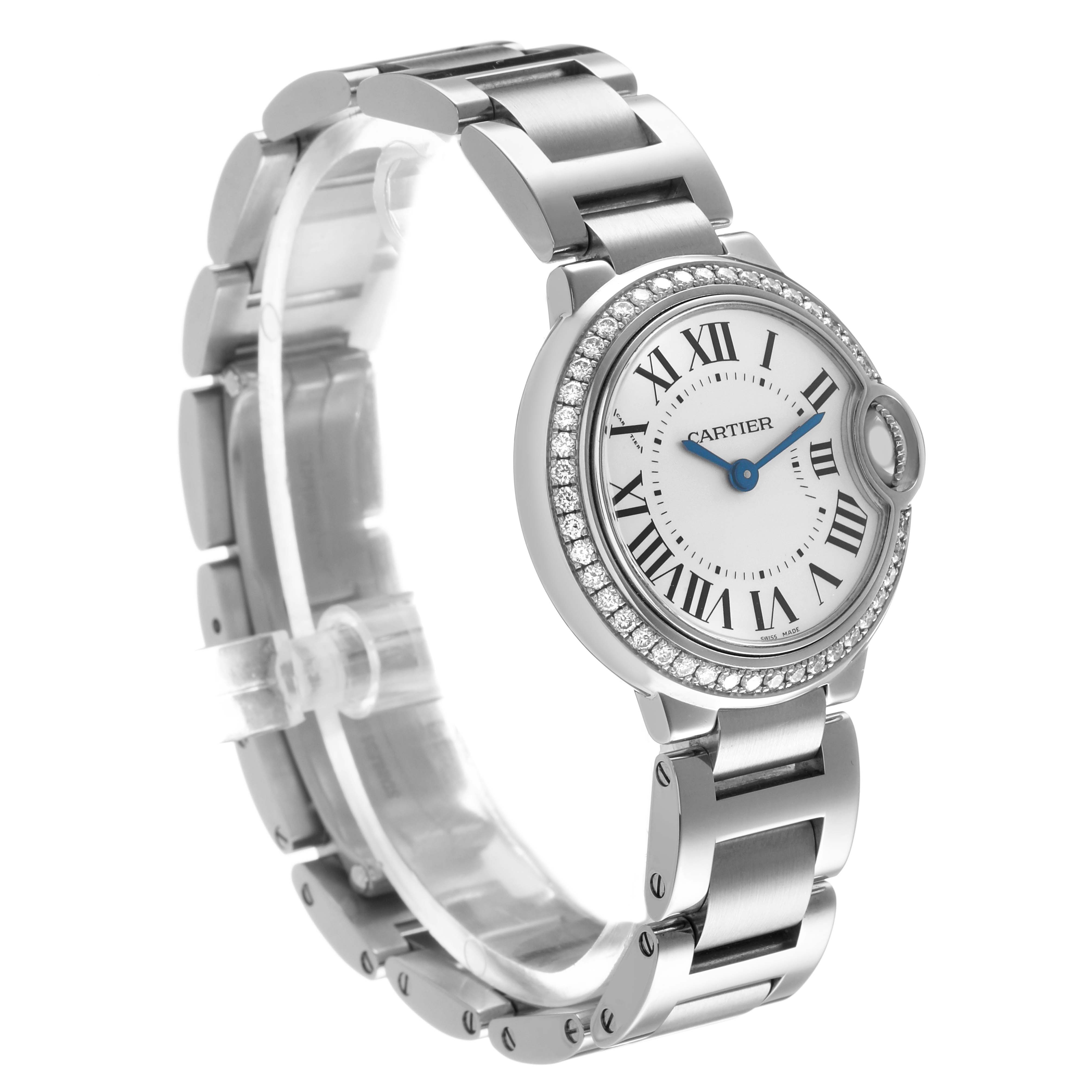 The Cartier Ballon Bleu W4BB0015 Women's Stainless Steel Silver Dial watch is shown at a three-quarter angle, highlighting its round face, Roman numerals, and metal bracelet.
