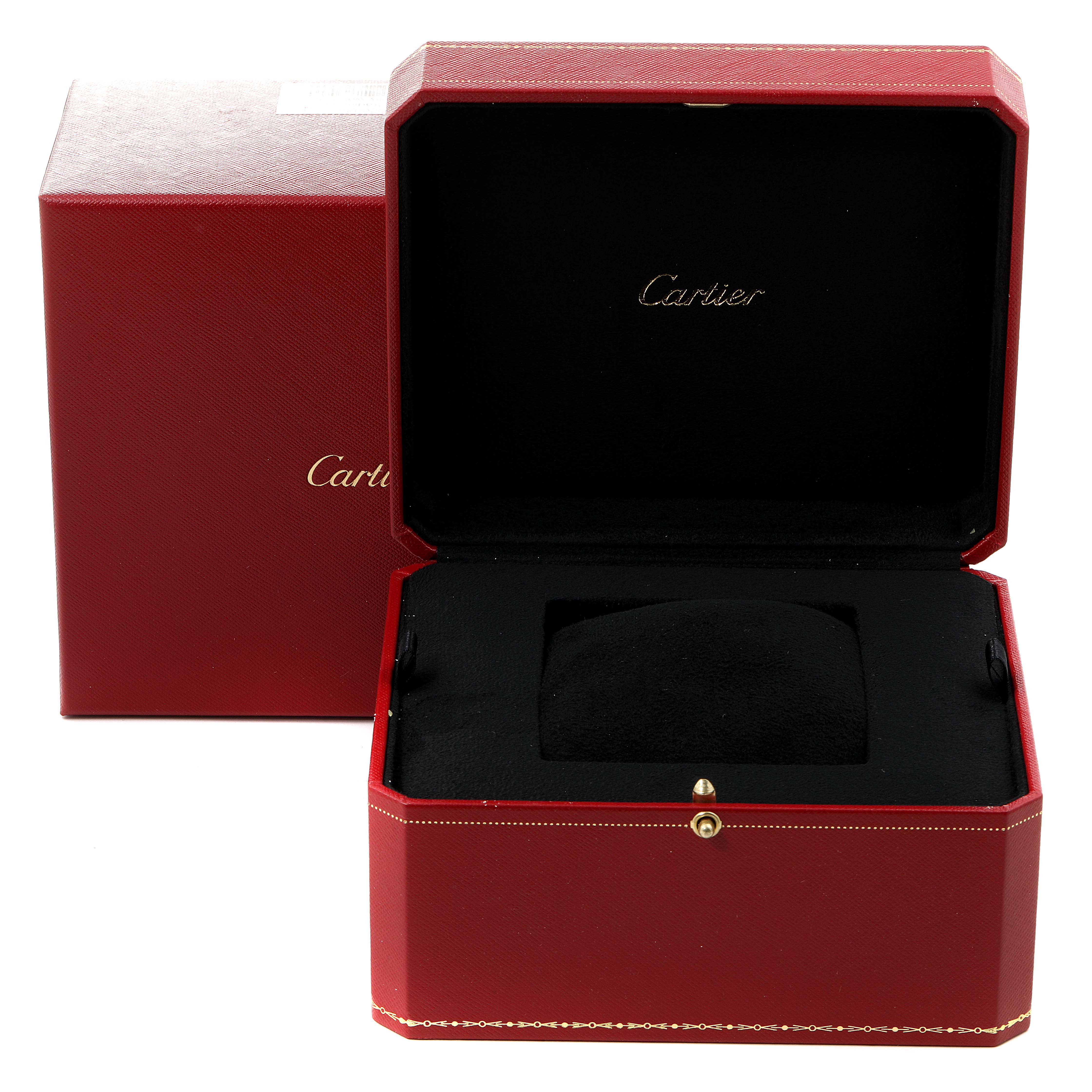 The image shows an open red Cartier watch box for the Panthere model, with its lid open and the interior cushion visible.
