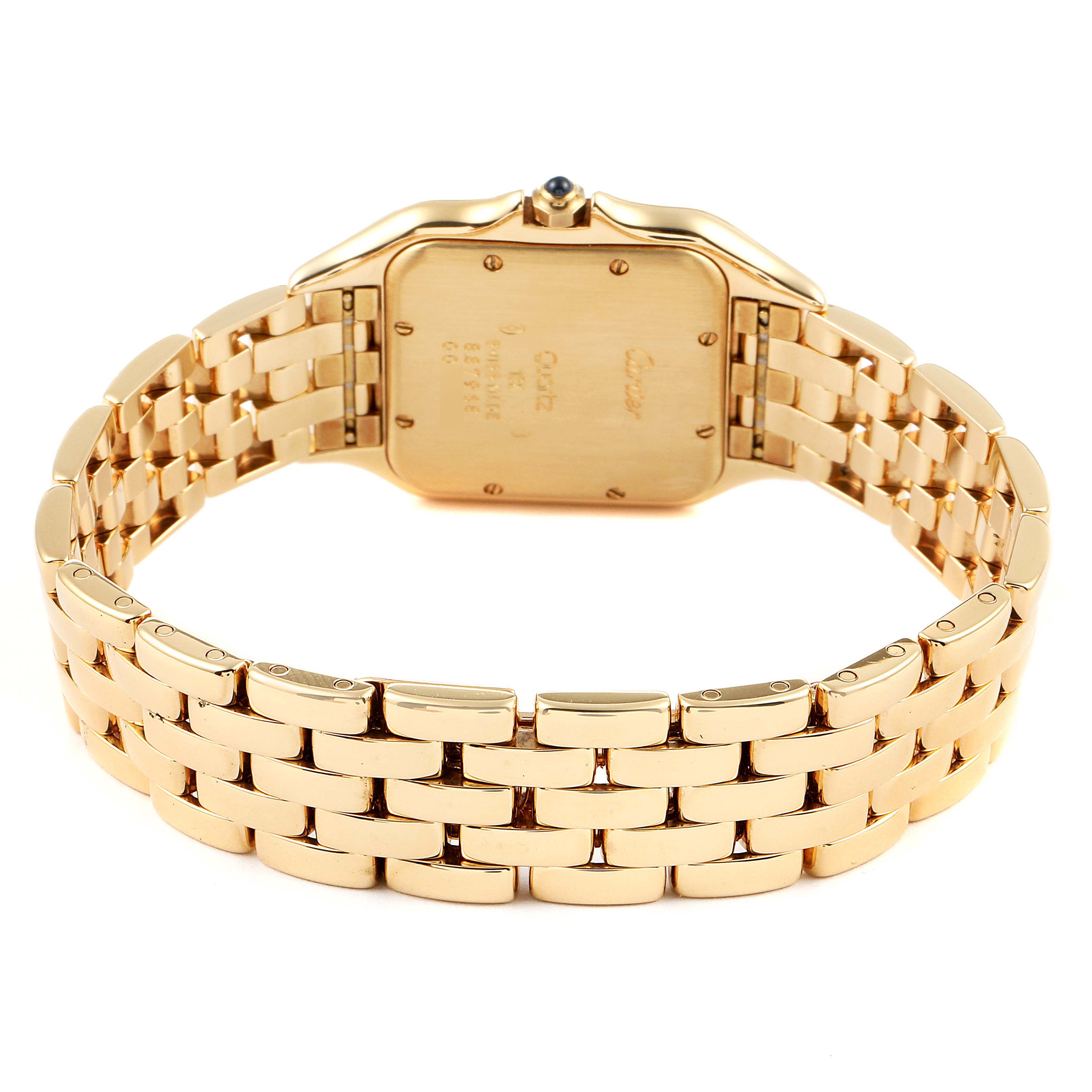 This image shows the back and bracelet of the Cartier Panthere W25014B9 Men's Yellow Gold Silver Dial W25014B9 Men's Yellow Gold Silver Dial watch from a rear angle.