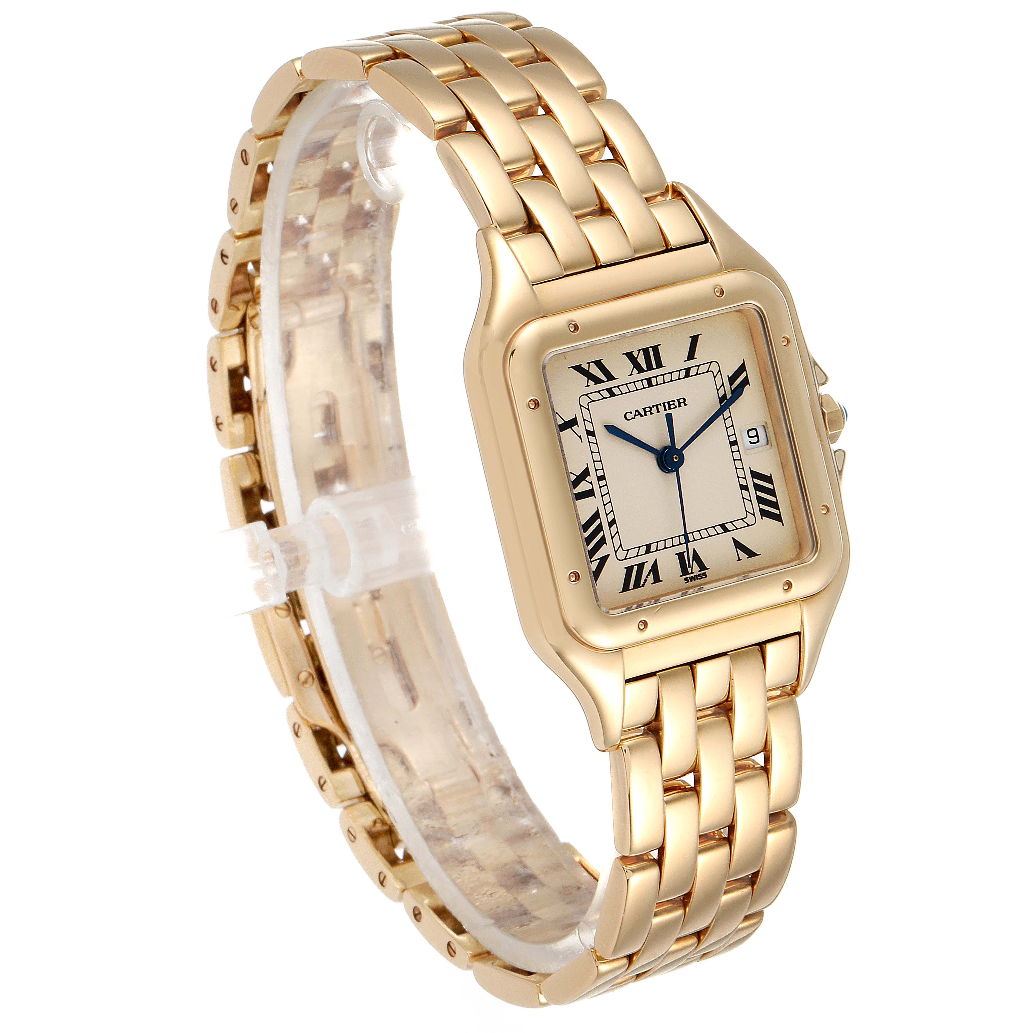 The image shows a gold Cartier Panthere W25014B9 Men's Yellow Gold Silver Dial W25014B9 Men's Yellow Gold Silver Dial watch from an angled side view, displaying its square face, Roman numerals, and linked bracelet.