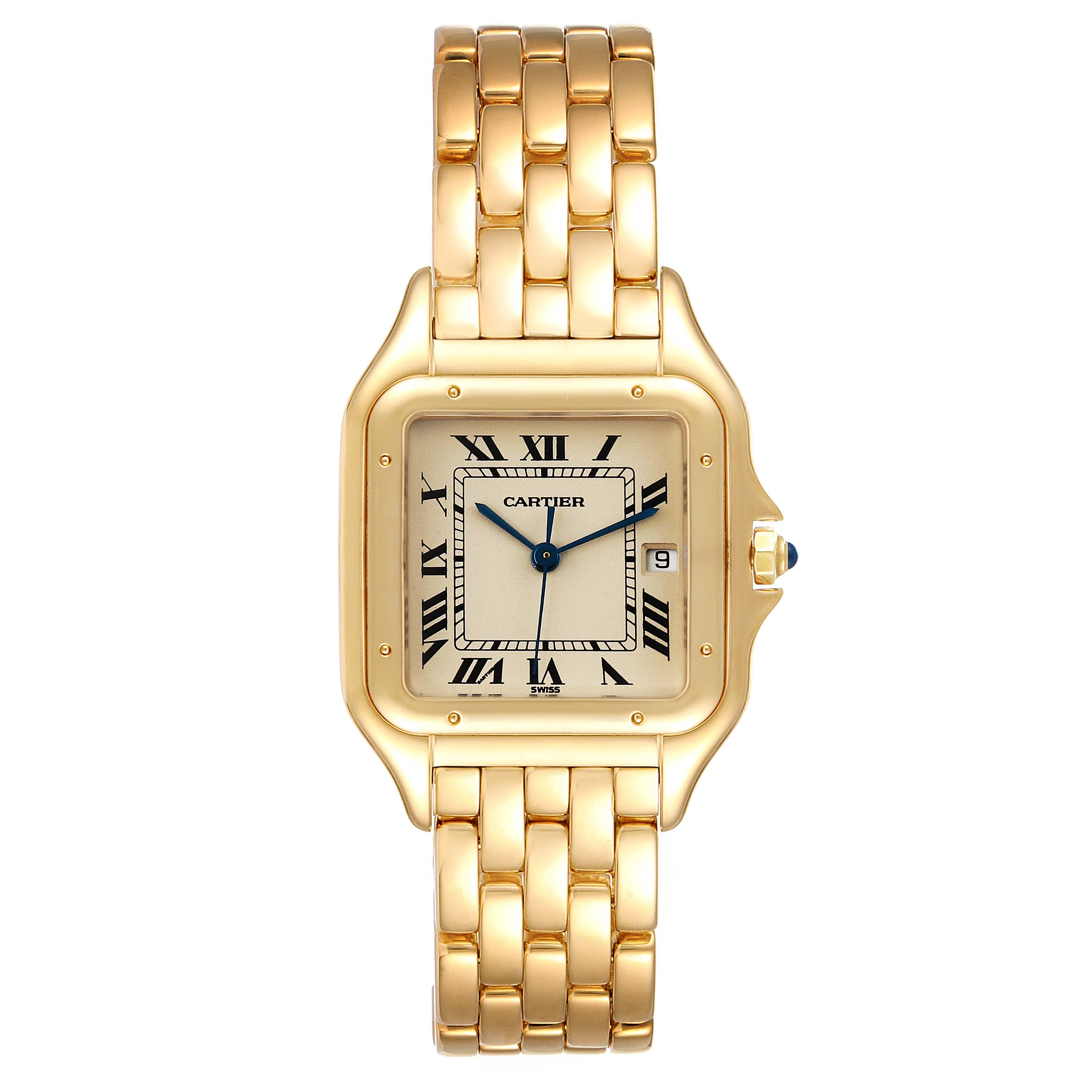 The image shows a front view of the Cartier Panthere W25014B9 Men's Yellow Gold Silver Dial W25014B9 Men's Yellow Gold Silver Dial watch highlighting its gold case, gold bracelet, and Roman numeral dial.