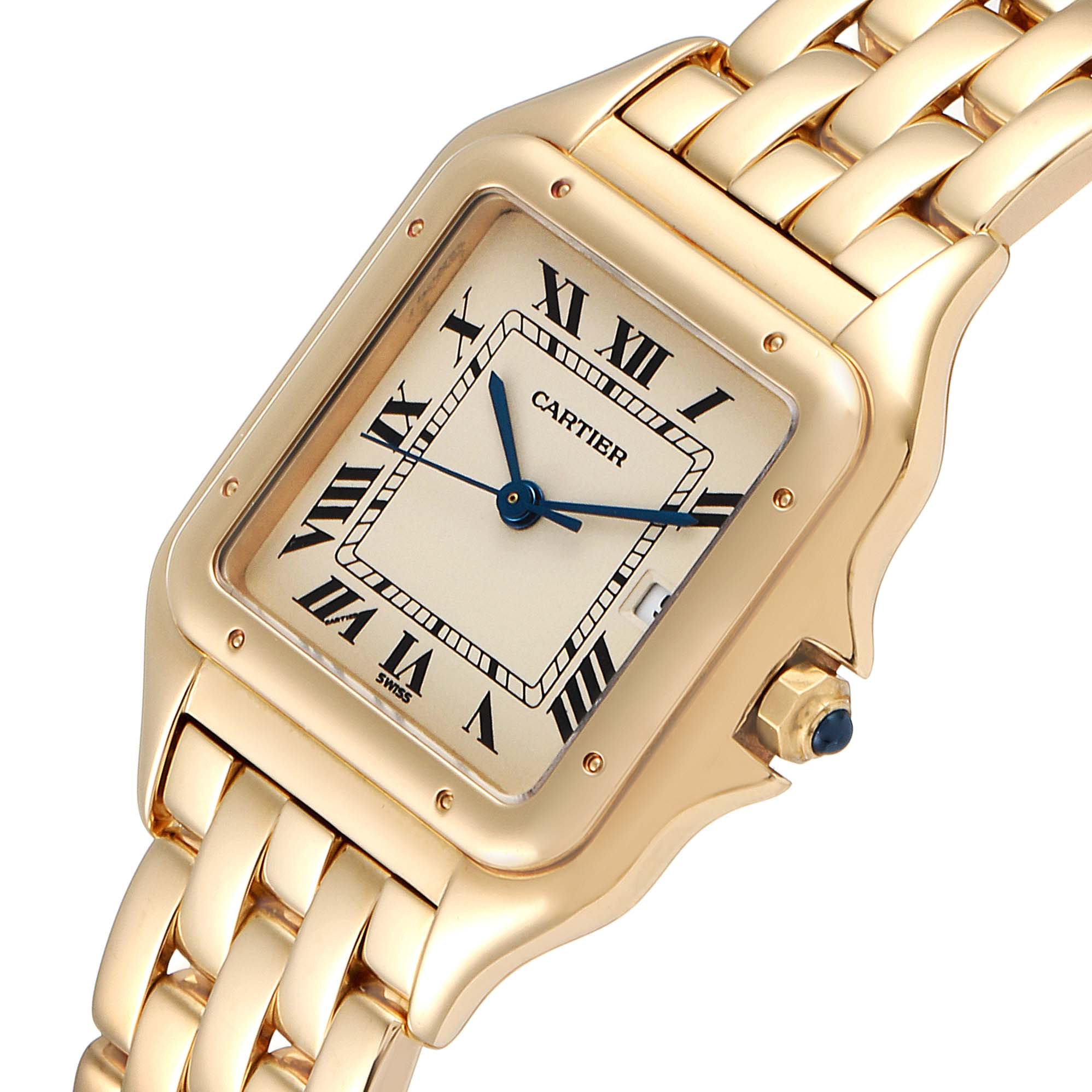This image shows the face, bezel, and part of the bracelet of a Cartier Panthere W25014B9 Men's Yellow Gold Silver Dial W25014B9 Men's Yellow Gold Silver Dial watch at a slight angle.