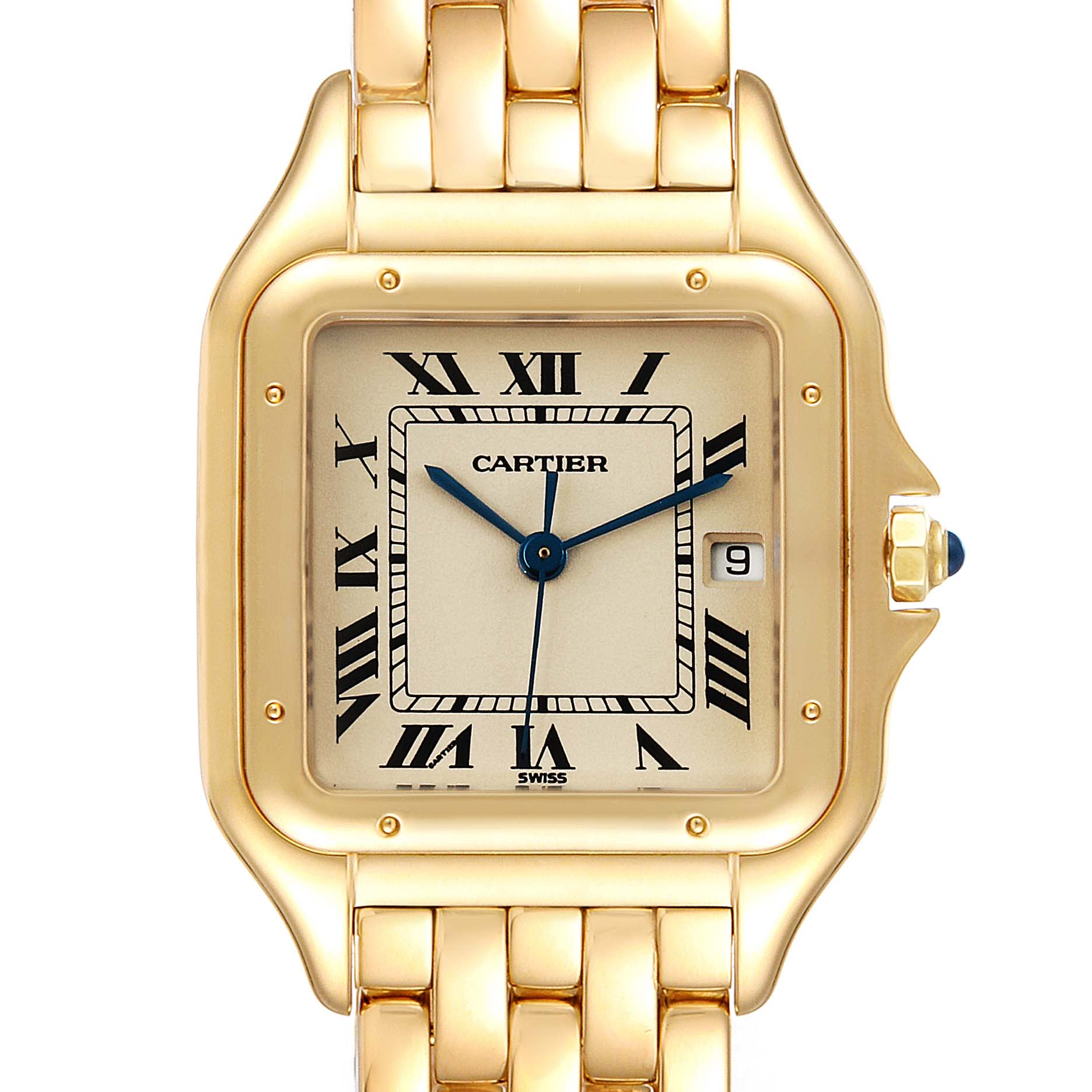 This image shows a front view of the Panthere model by Cartier, highlighting the face, bezel, and part of the bracelet.