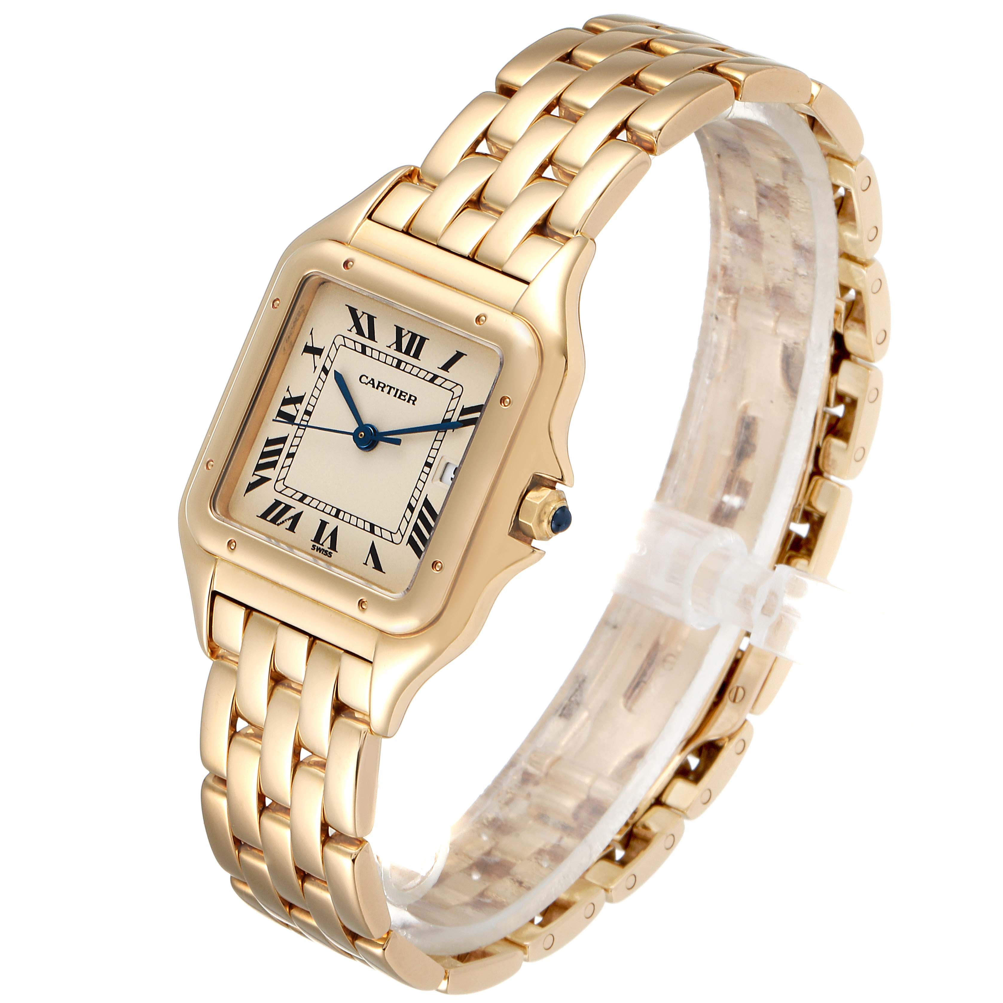 The Cartier Panthere W25014B9 Men's Yellow Gold Silver Dial W25014B9 Men's Yellow Gold Silver Dial watch is shown at a three-quarter angle, highlighting its gold case, bracelet, and Roman numeral dial.