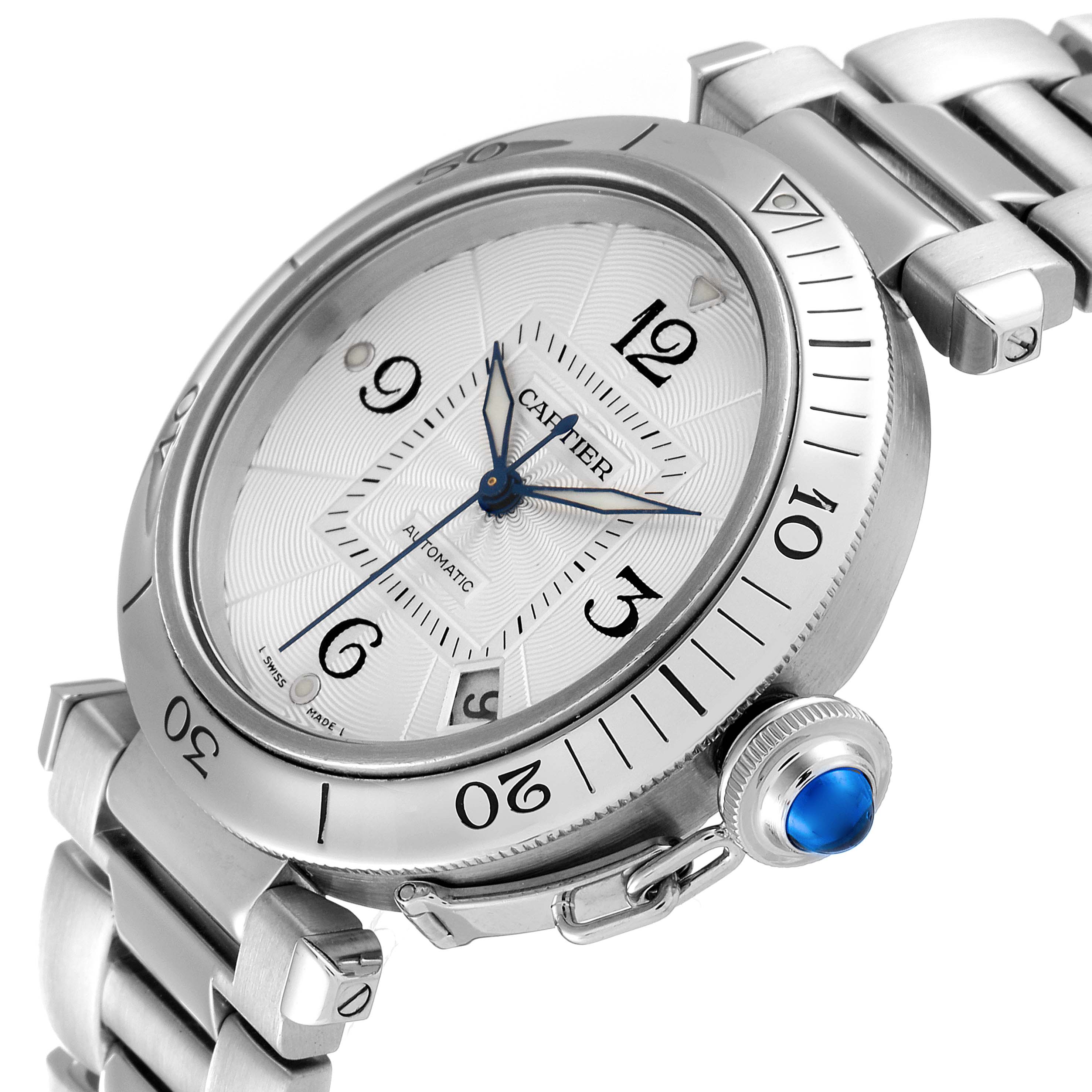 This image shows a close-up, angled view of a Cartier Pasha W31059H3 Men
s Stainless Steel Silver Dial W31059H3 Men
s Stainless Steel Silver Dial watch, highlighting its face, bezel, crown, and bracelet.