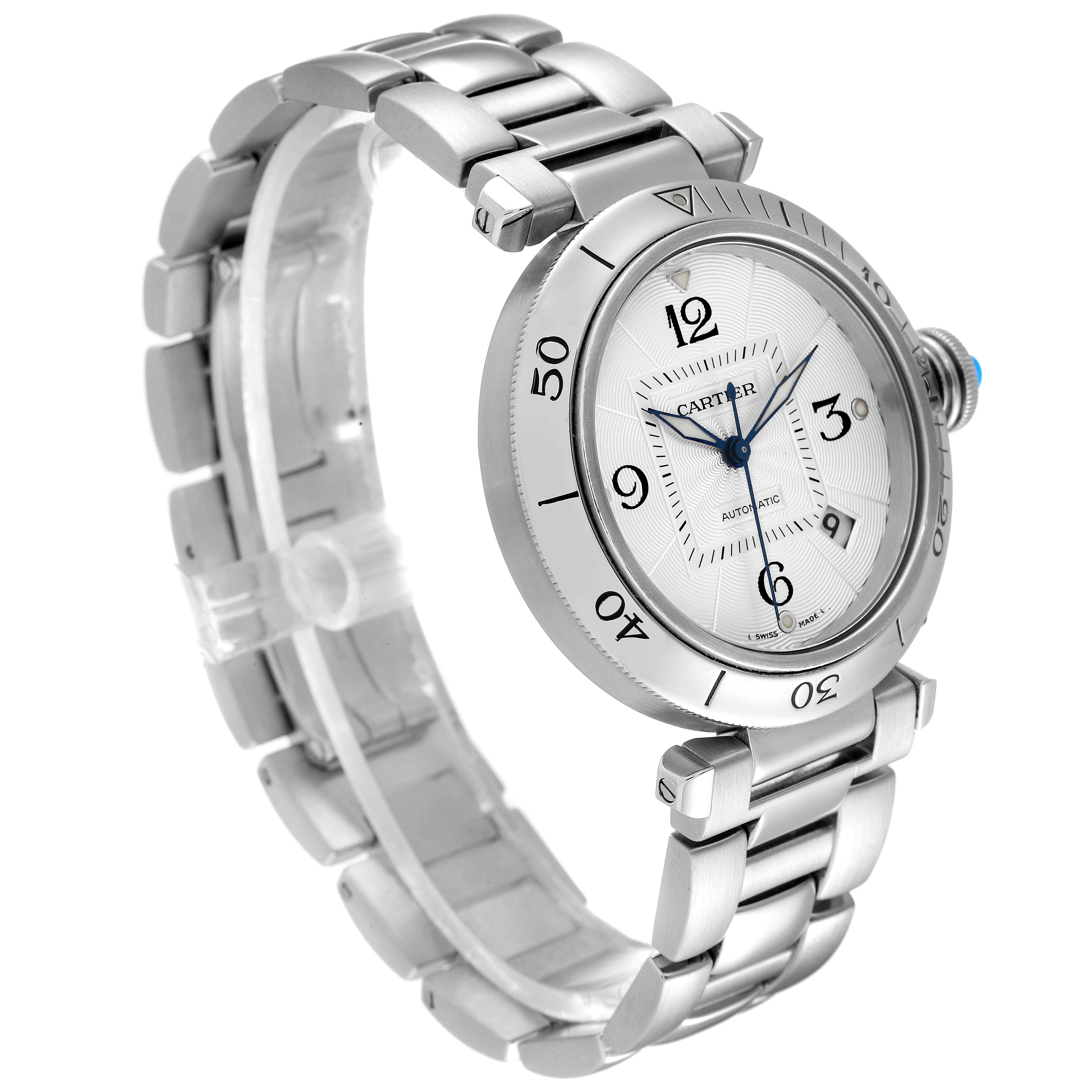 The image shows a side view of the Cartier Pasha W31059H3 Men
s Stainless Steel Silver Dial W31059H3 Men
s Stainless Steel Silver Dial model watch, highlighting its bracelet, case, bezel, and crown.