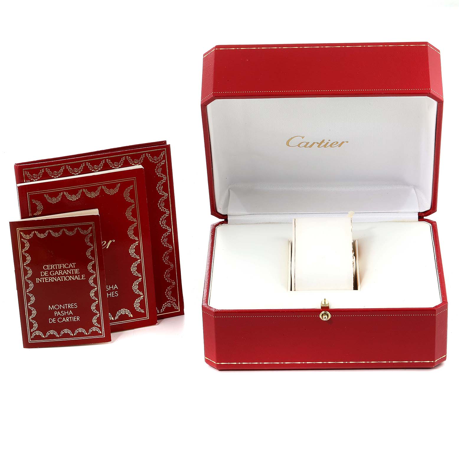 The image shows the Cartier Pasha W31059H3 Men
s Stainless Steel Silver Dial W31059H3 Men
s Stainless Steel Silver Dial model
s red watch box and accompanying documents from a front-facing angle.