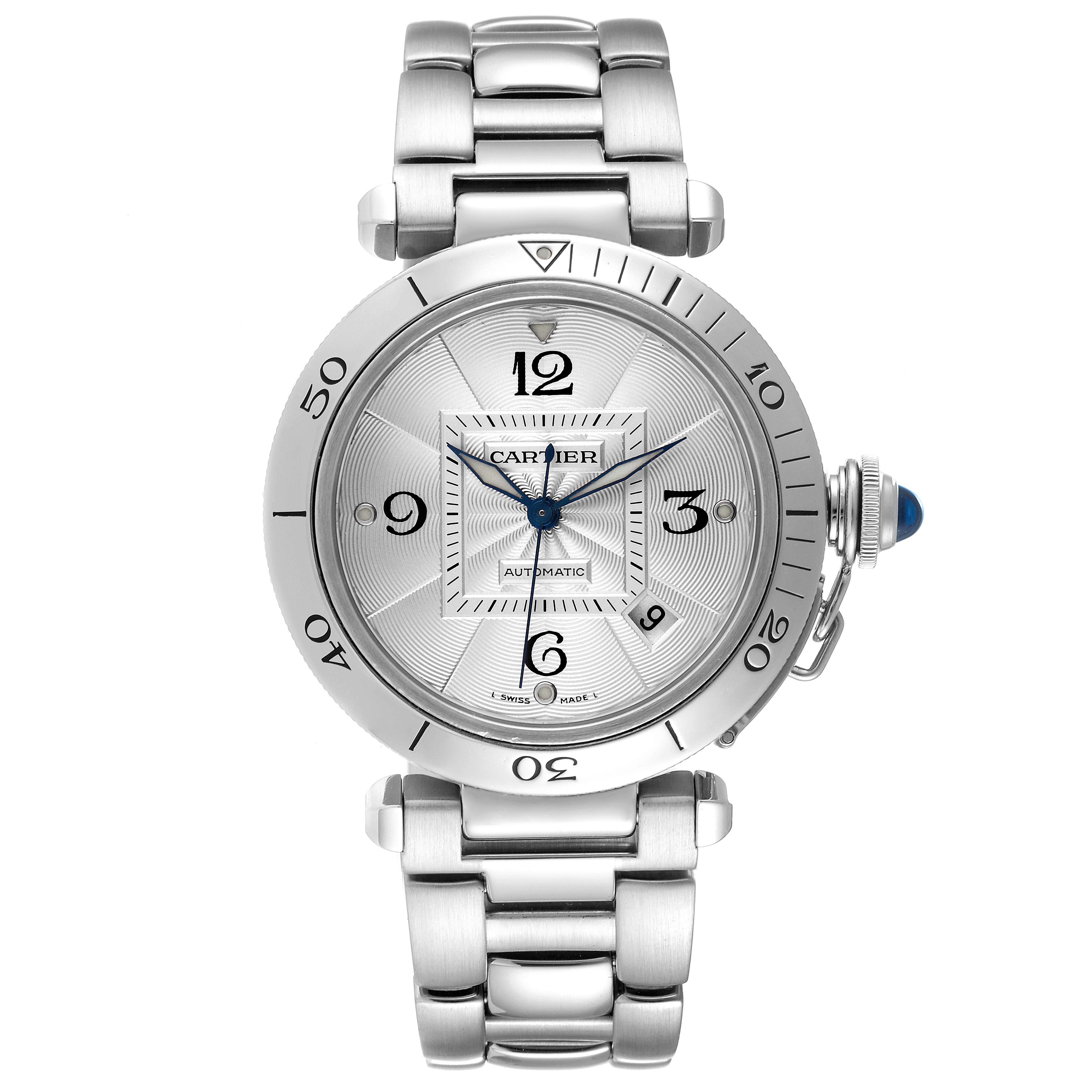 This image shows a Cartier Pasha W31059H3 Men
s Stainless Steel Silver Dial W31059H3 Men
s Stainless Steel Silver Dial watch with a stainless steel bracelet, face, bezel, and crown, viewed from the front.