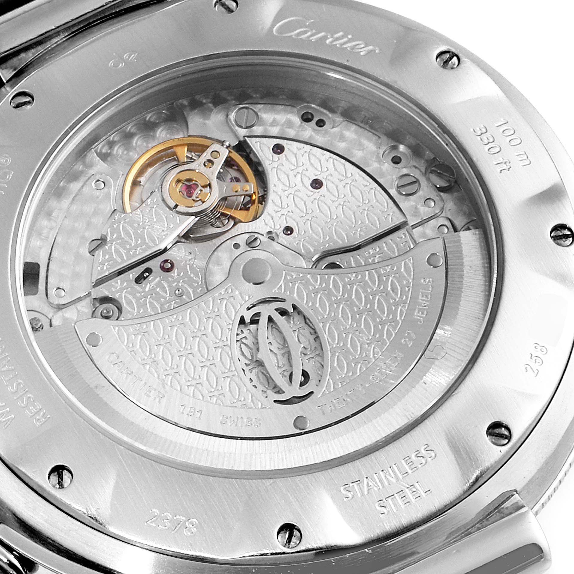 This image shows the back view of the Cartier Pasha W31059H3 Men
s Stainless Steel Silver Dial W31059H3 Men
s Stainless Steel Silver Dial watch, highlighting its intricate movement and stainless steel case.
